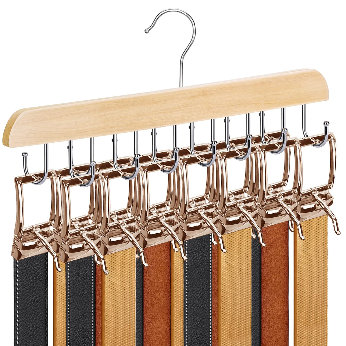 Necamocu Belt Hanger, Natural Wooden Belt Organizer For Closet, 360 Rotating Tie & Belt Rack For Storage With 14 Hooks, Sturdy B
