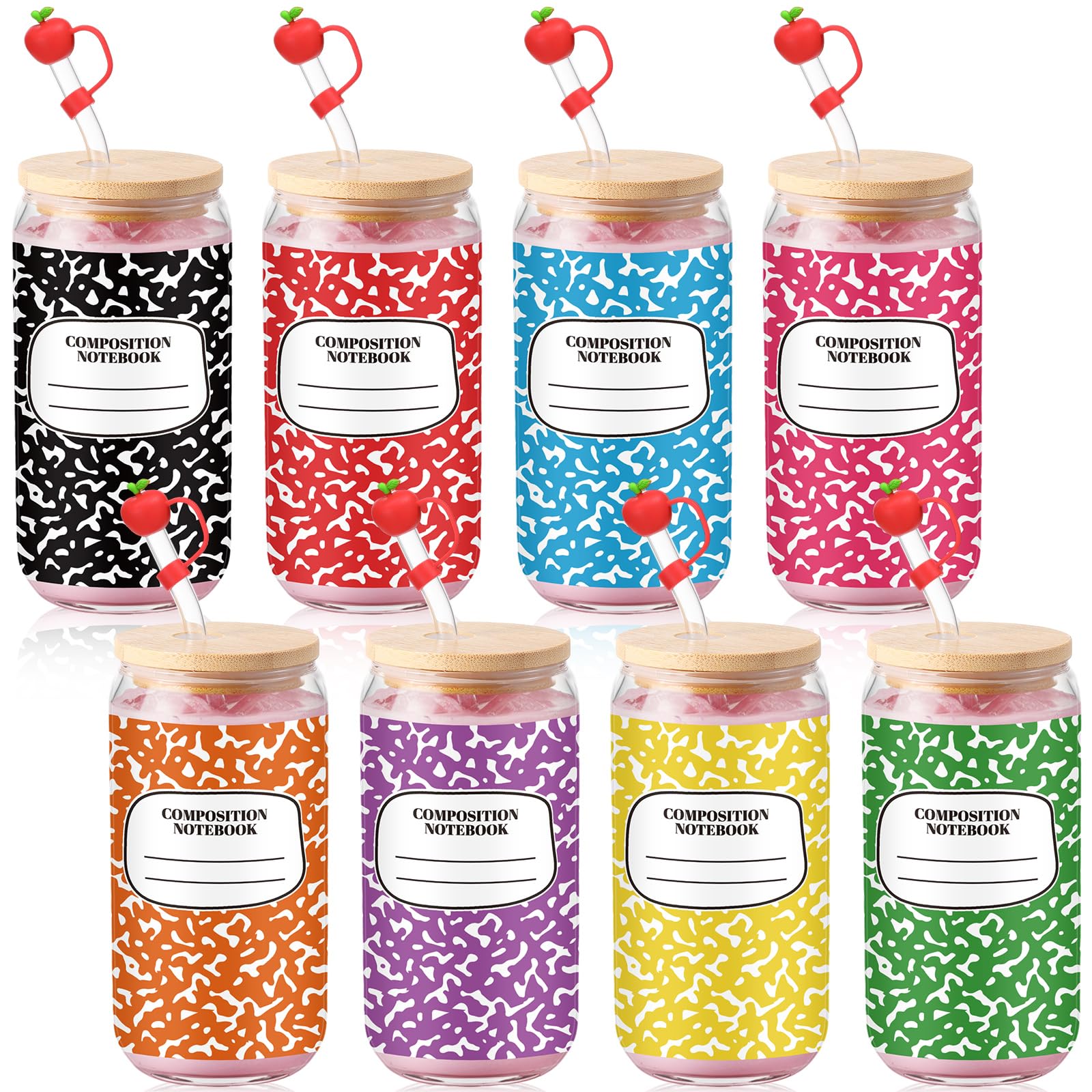 Sliner 8 Sets Teacher Glass Tumblers Bulk Back to School Gifts Cup with Lid
