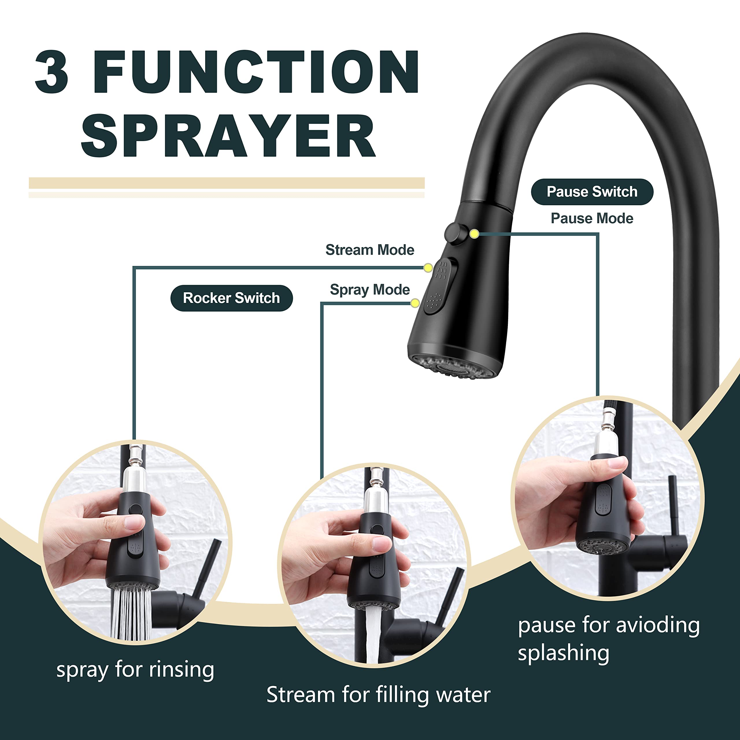 Herogo Kitchen Faucets With Pull Down Sprayer Matte Black, Stainless Steel High Arc Single Handle Modern 3-Function Pull Out Kit