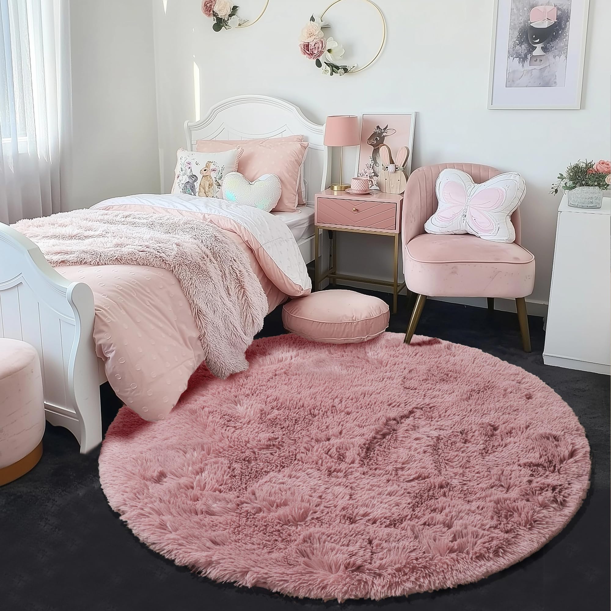 Blush Round Rug 6Ft for Bedroom, Fluffy Fuzzy Plush Circle Area Rugs for Baby Kids Room Decor Aesthetic, Shaggy Circular Carpet