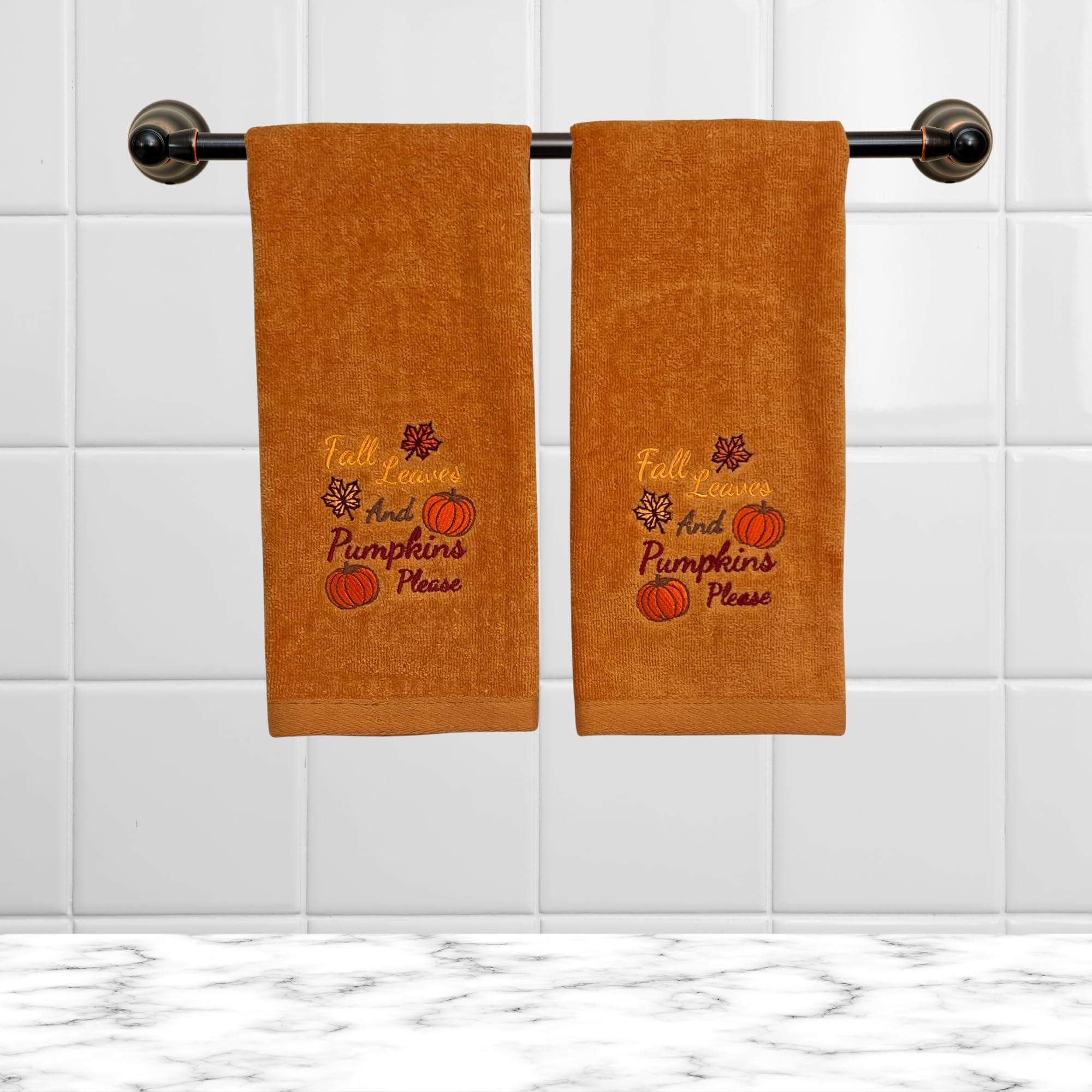Serafina Home Fall Bath Hand Towels Bathroom Decor Farmhouse : Terracotta Rust Cotton Towels With Autumn Fall Leaves And Pumpkin