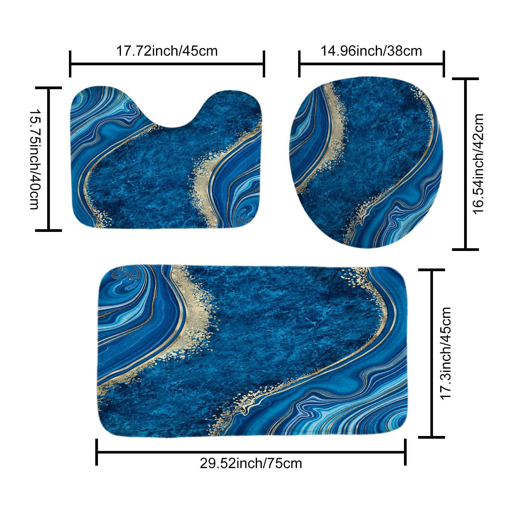 beifivcl 4Pcs Luxury Marble Shower Curtain Sets  Toilet Lid Rug Bath Mat and Contour Mat  Shower Curtain with 12 Hooks for Bathroom Set Decor 72 x 72 Inch  Blue