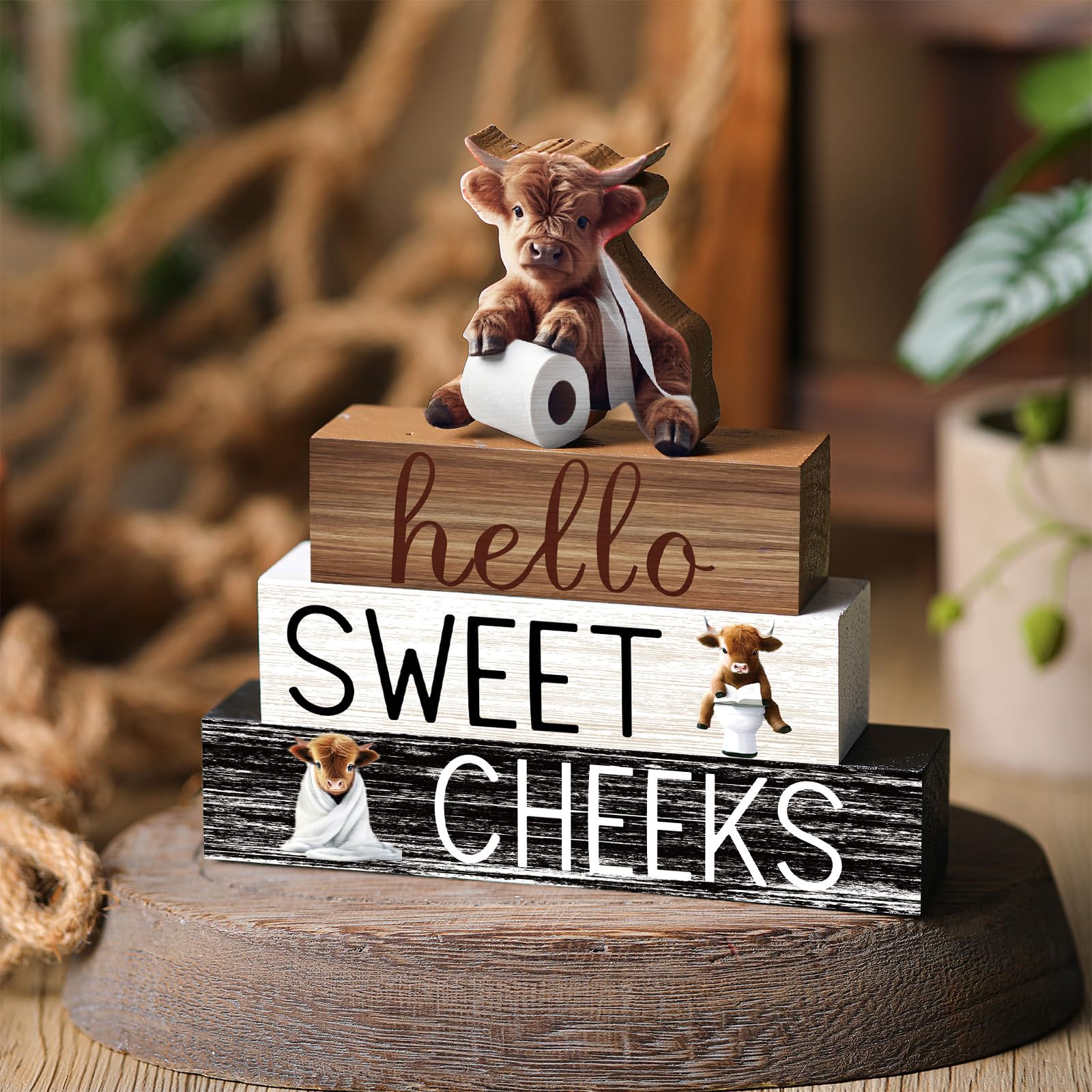 Cinnvoice 4 Pcs Christmas Highland Cow Bathroom Decor Farmhouse Bathroom Decoration Western Hello Sweet Cheeks Table Centerpiece