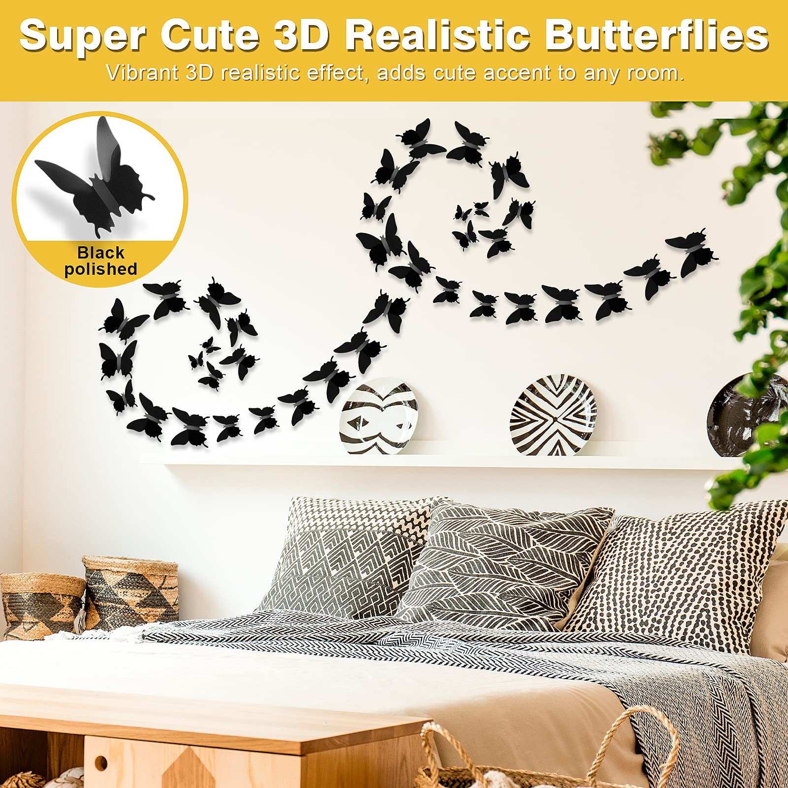 Ryangic 3D Butterfly Wall Decor 48Pcs Black Polished Butterflies Wall Stickers 3 Sizes Durable Butterfly Wall Decals Diy Wall Ar