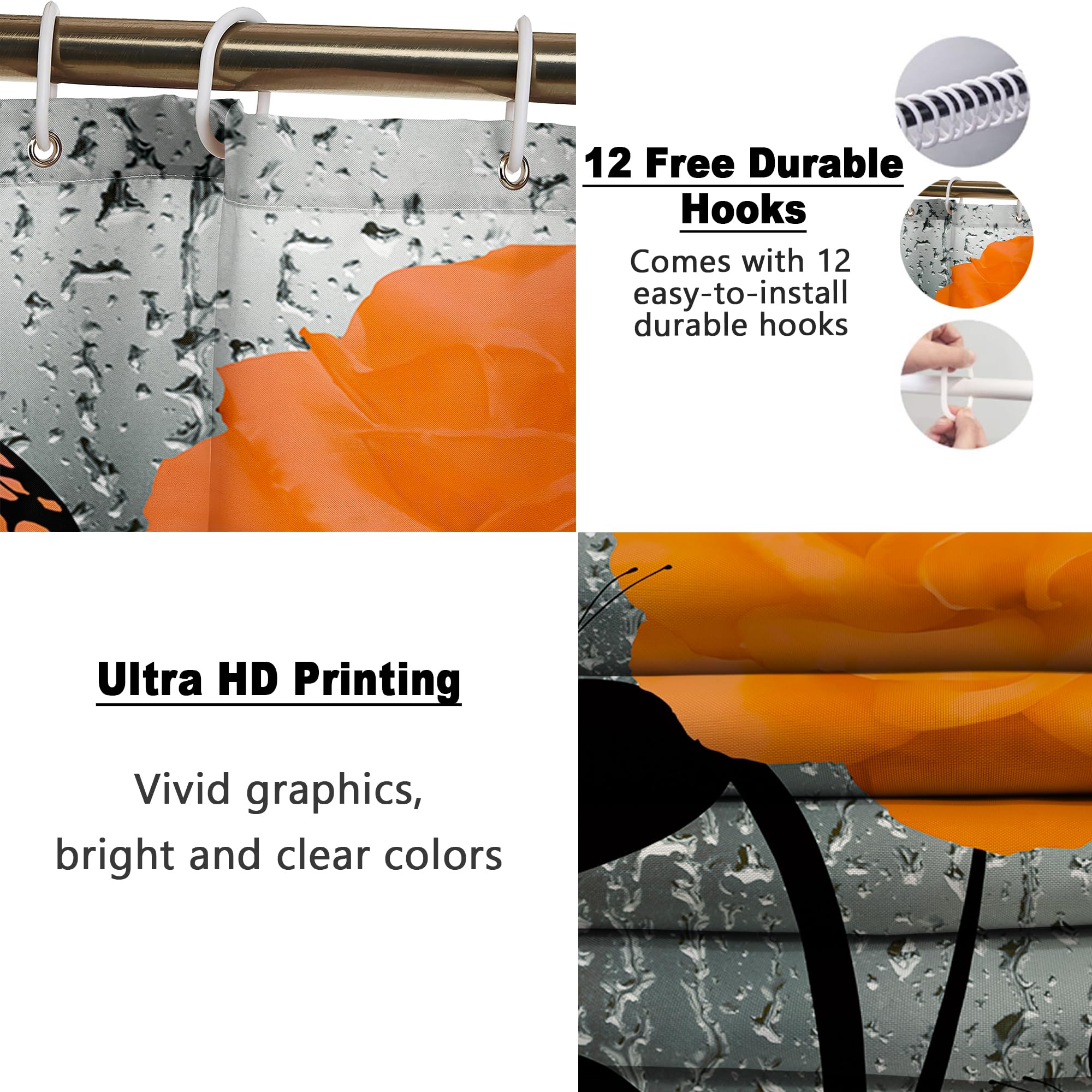 Poedist 4 Pcs Bathroom Set,Orange Rose Shower Curtain Sets, Romantic Shower Curtain Sets With Rugs(Bath Mat,U Shape And Toilet L