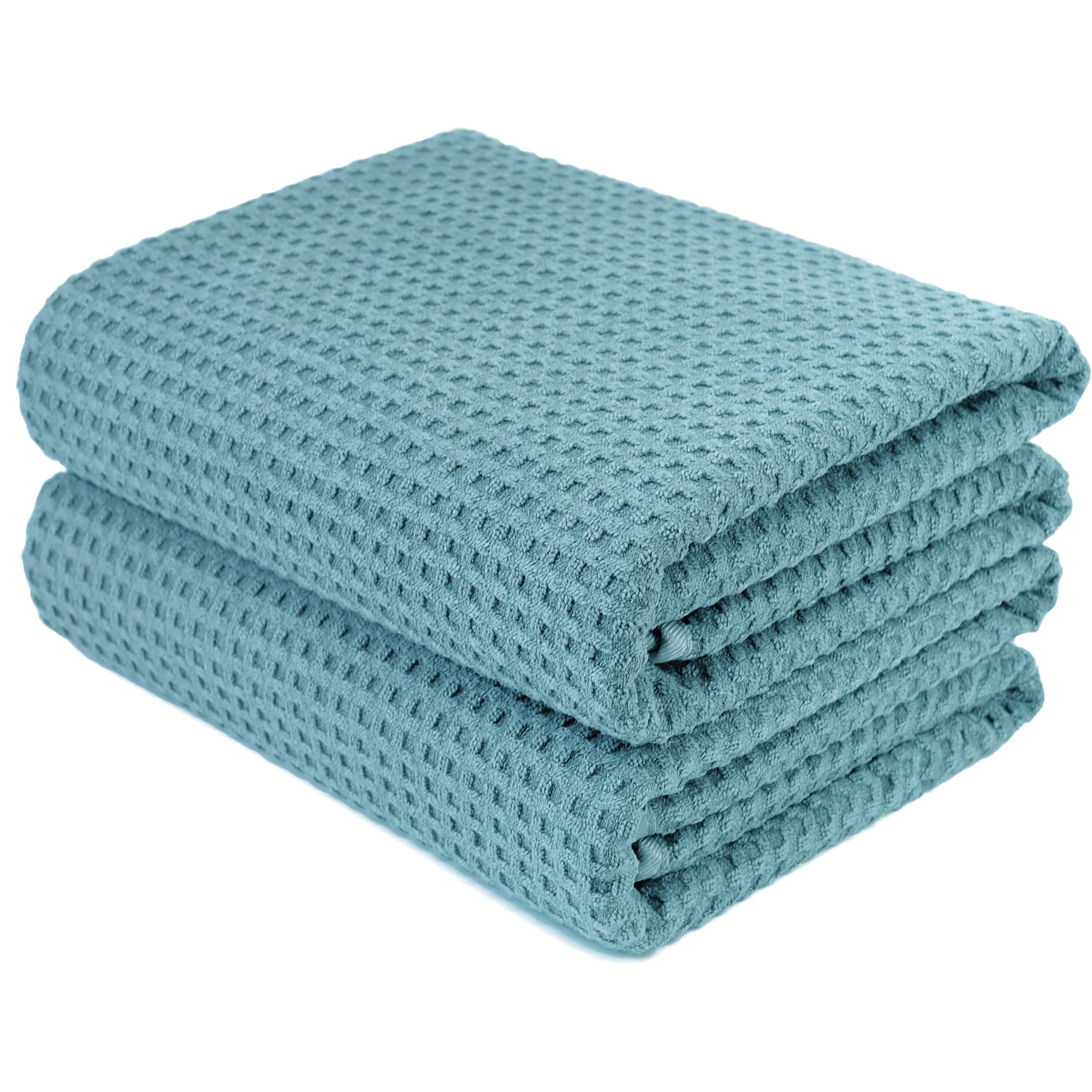 Polyte Microfiber Oversize Quick Dry Lint Free Bath Towel, 60 X 30 In, Set Of 2 (Green, Waffle Weave)
