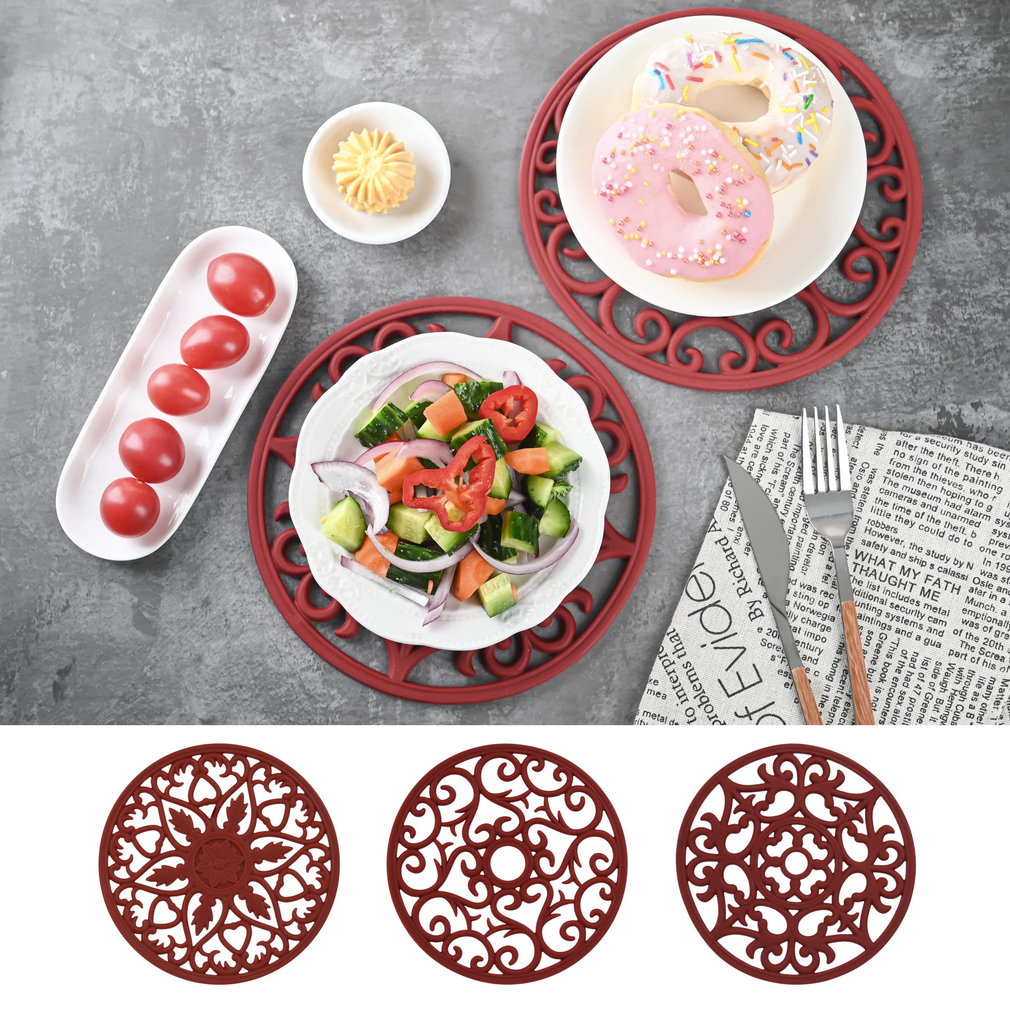 Nstezrne Trivets For Dishes,Silicone Hot Pads For Kitchen, Trivets For Hot Pots And Pans, Intricately Carved Heat Resistant Mats