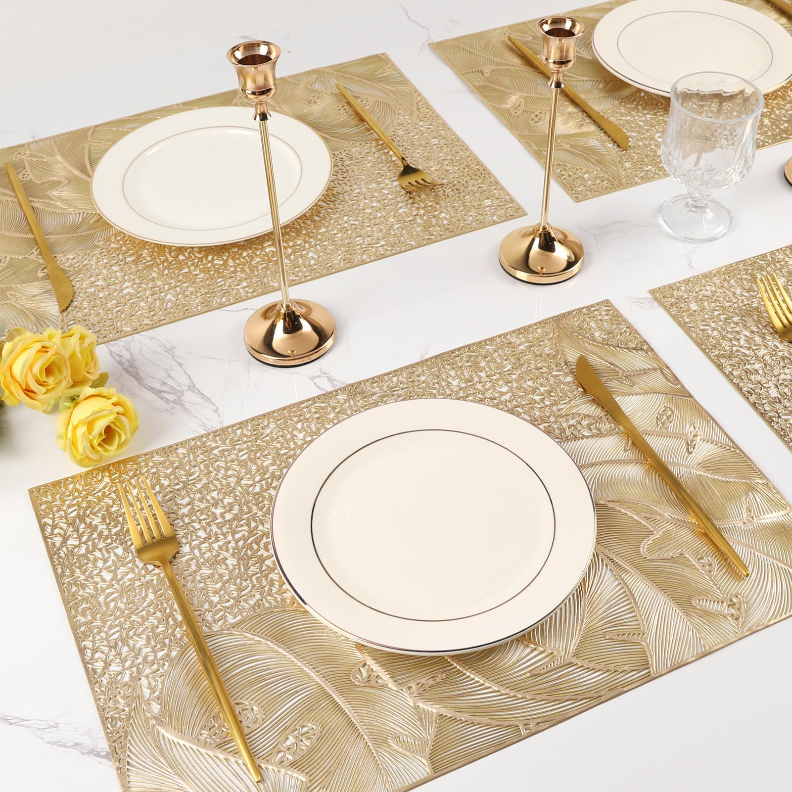 Crisjanggo Gold Placemats Set Of 6, Wipable Rectangular Table Place Mats Bulk Pressed Vinyl Placemats For Party Dining Wedding C