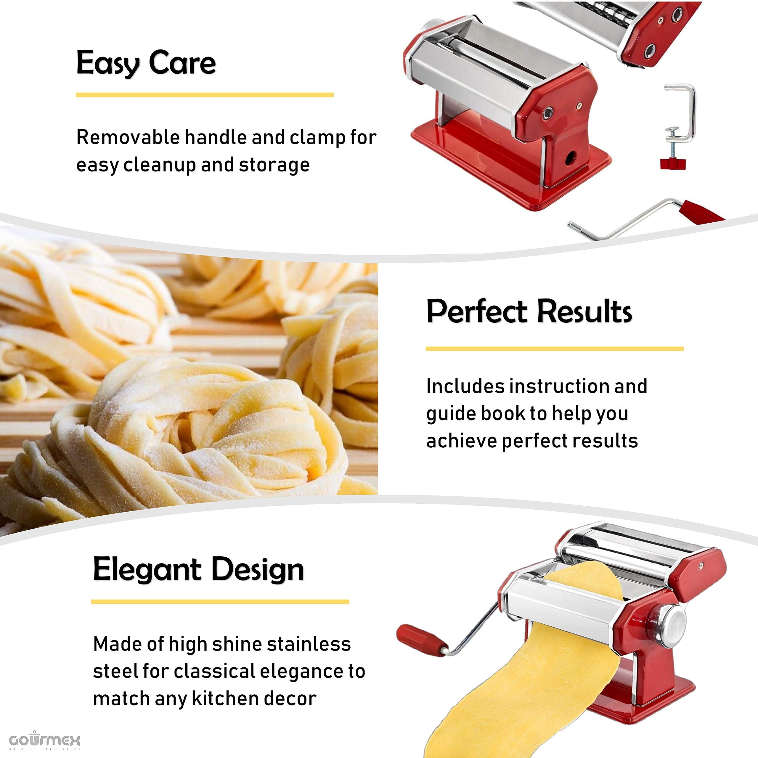 GOURMEX Stainless Steel Pasta Maker | Adjustable Thickness | Red | Ideal for Homemade Spaghetti & Fettuccini | Model gthyj87
