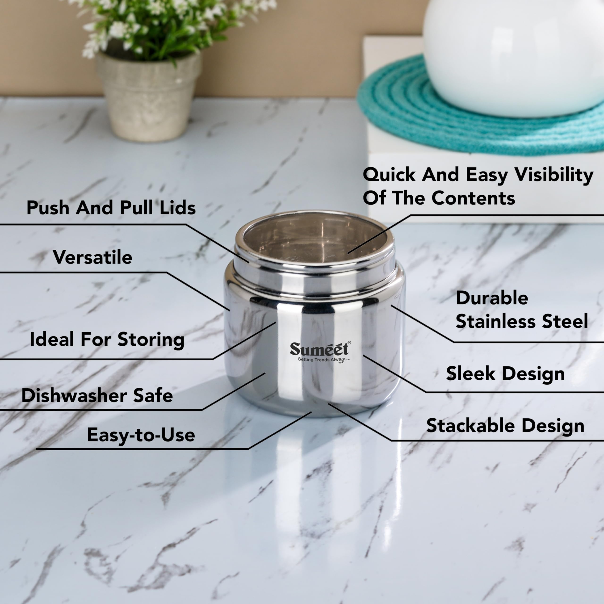 Sumeet Stainless Steel Small Canisters/Dabba/Storage Containers For Kitchen With See Through Lid, Set Of 6 Pcs, 400Ml Each, 9Cm
