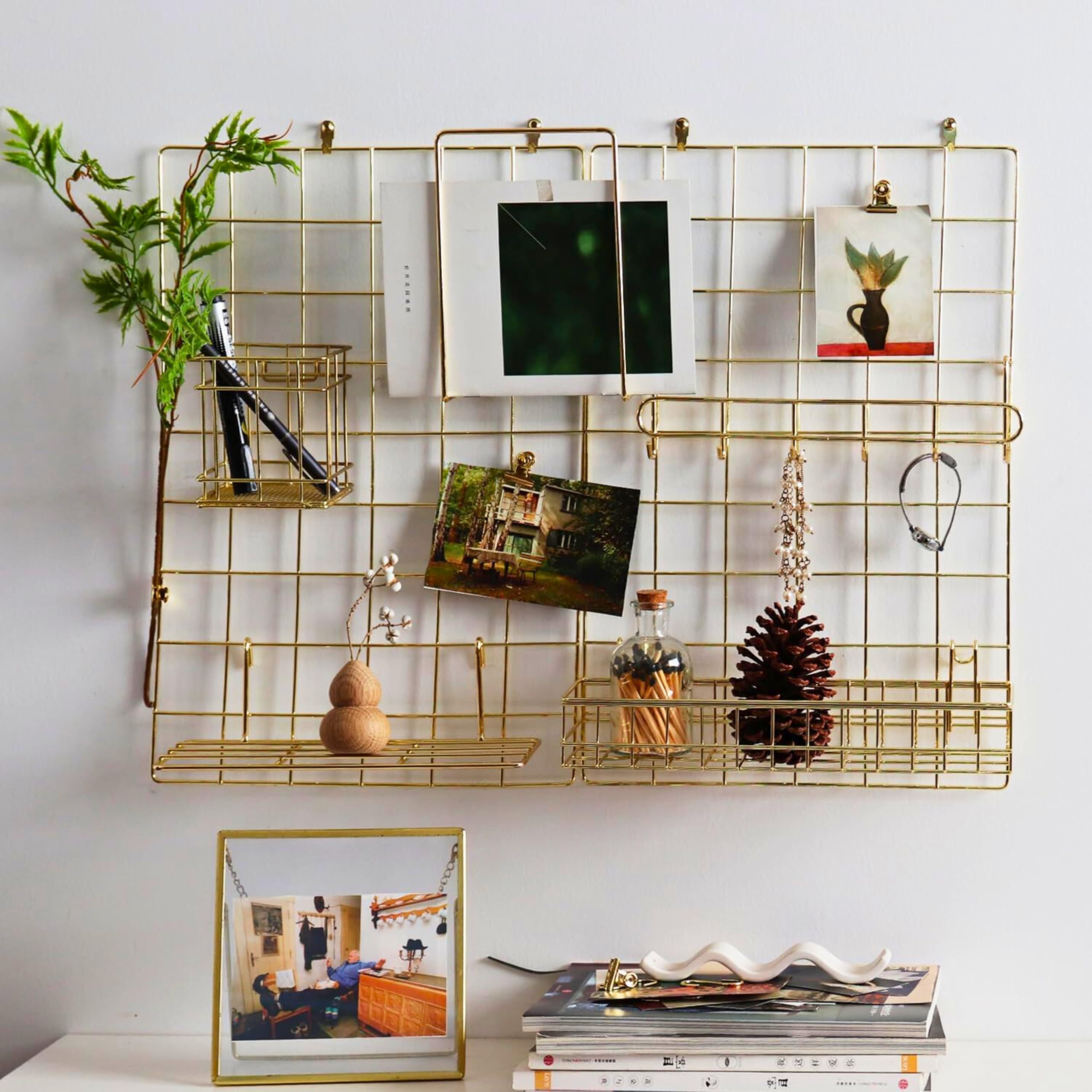 Creativebuzz Steel Wall Grid Photo Frame For Wall With 10 Wooden Deginer Clips | Diy Metal Mesh Wire Grid For Photo Display, Wal