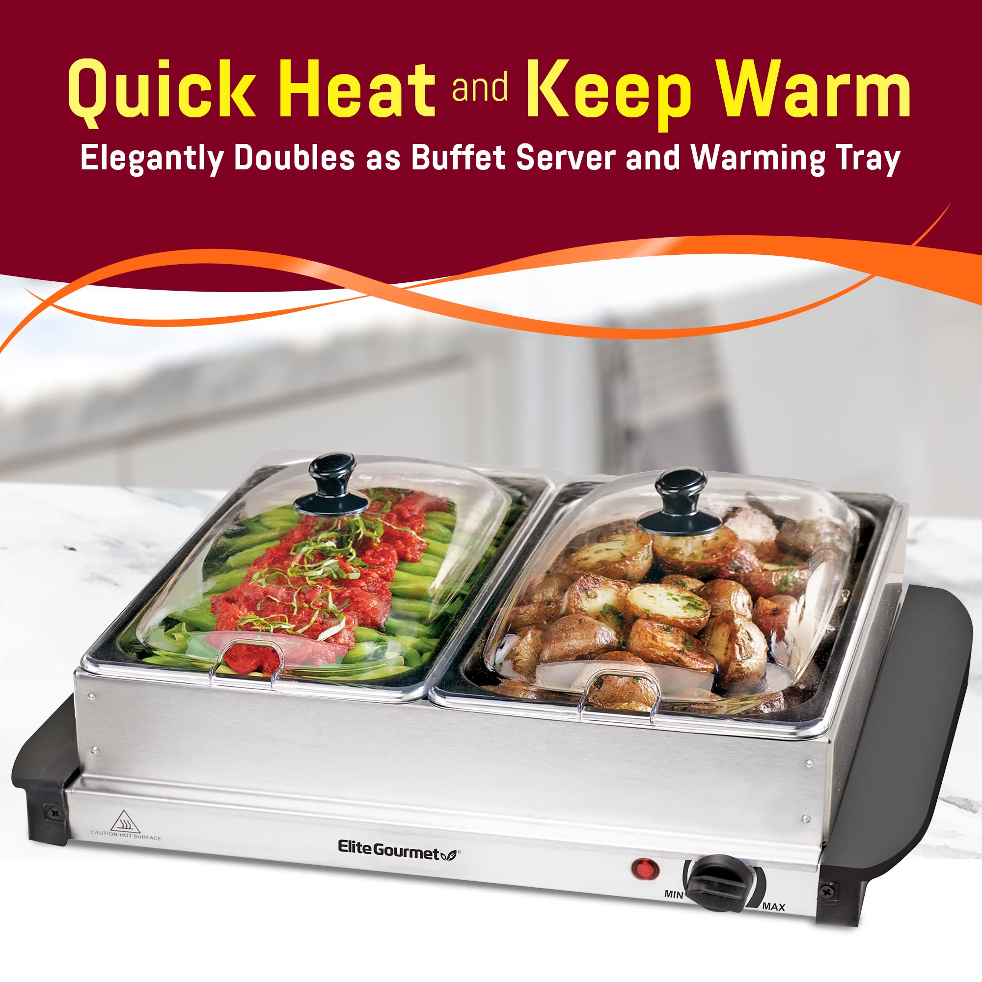Elite Gourmet Ewm-6122# Dual 2 X 2.5 Qt. Trays, Buffet Server, Food Warmer Temperature Control, Clear Slotted Lids, Perfect For