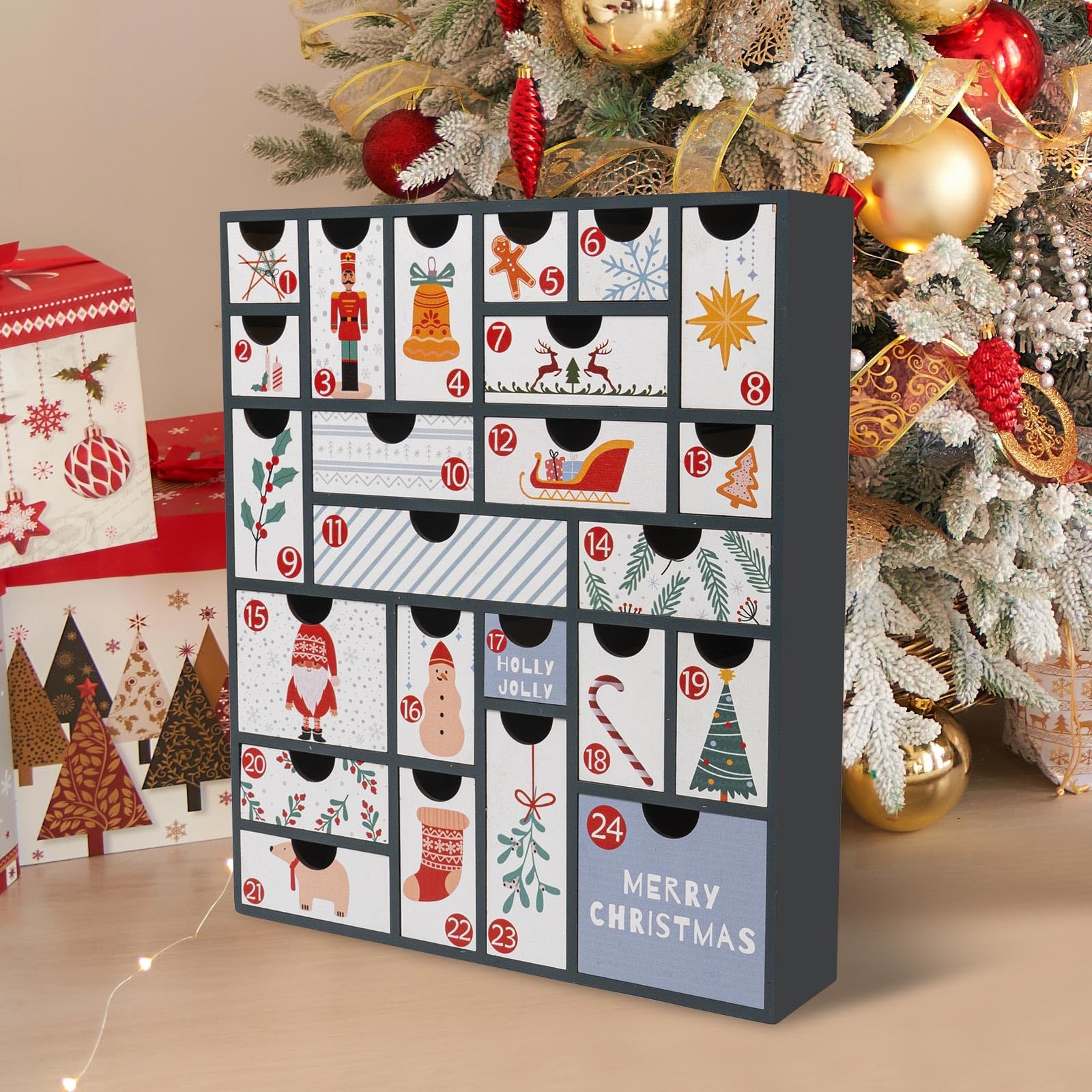 flangairy Christmas Countdown Advent Calendar 2025, 24 Days Till Fillable Wooden Holiday Nativity Calendar with Large Drawers, R