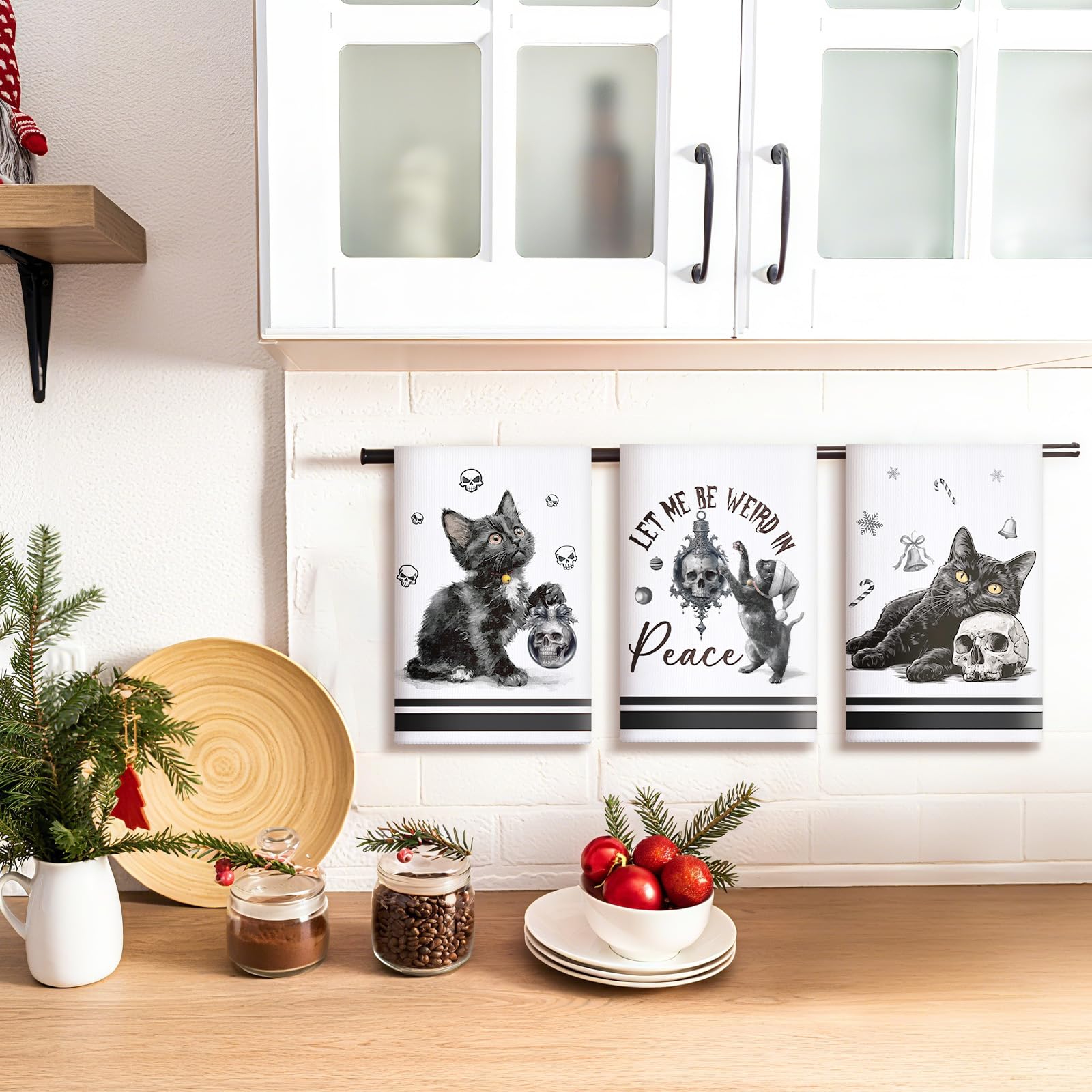 Bencailor 6 Pcs Gothic Christmas Kitchen Towels Black Cat Spooky Christmas Dish Hand Towels Creepy Horror Xmas Tea Washcloth for