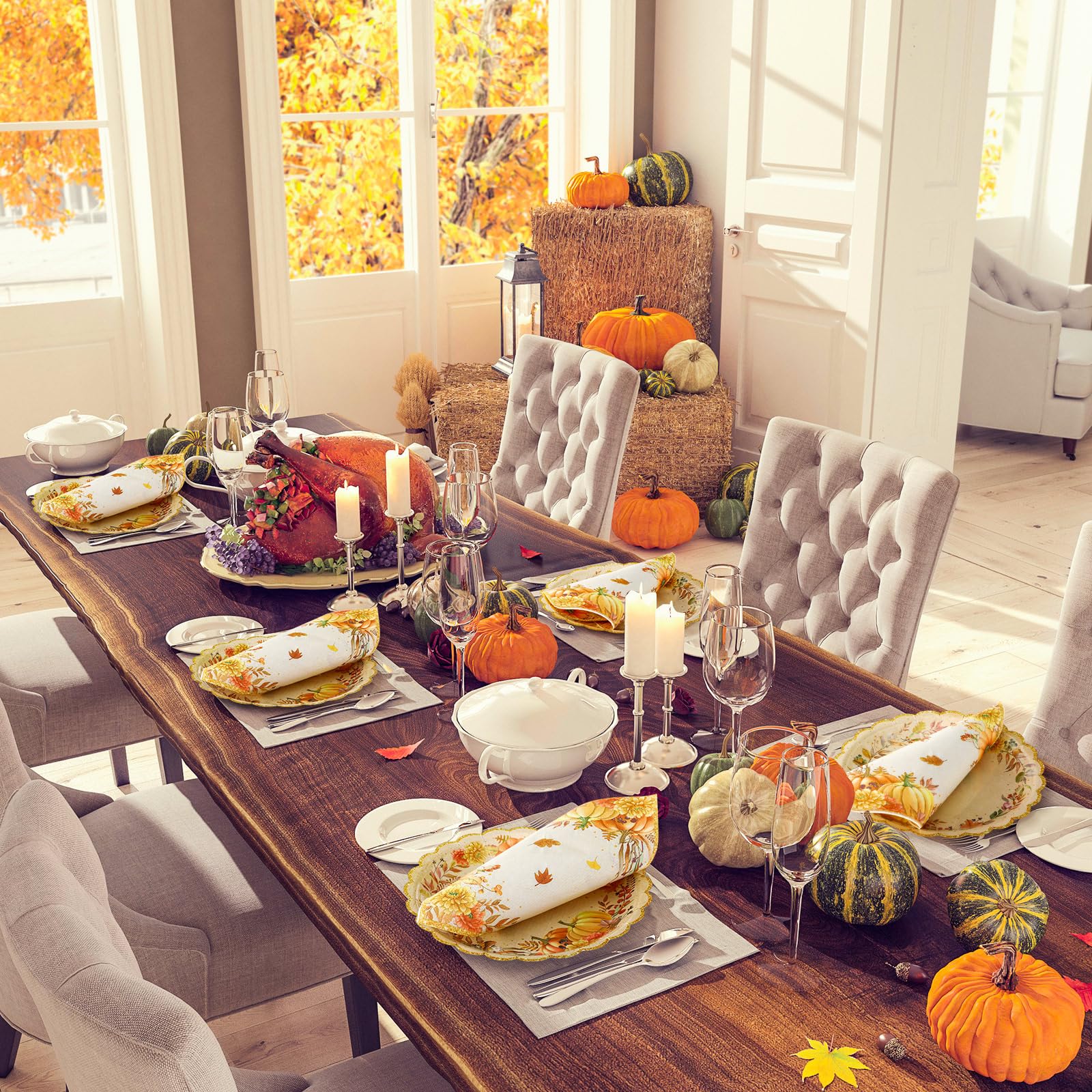 Havawish 96 Pcs Thanksgiving Paper Plates and Napkins Set Serve 48, 7 Inch Fall Plates and Napkins Fall Party Supplies Disposabl