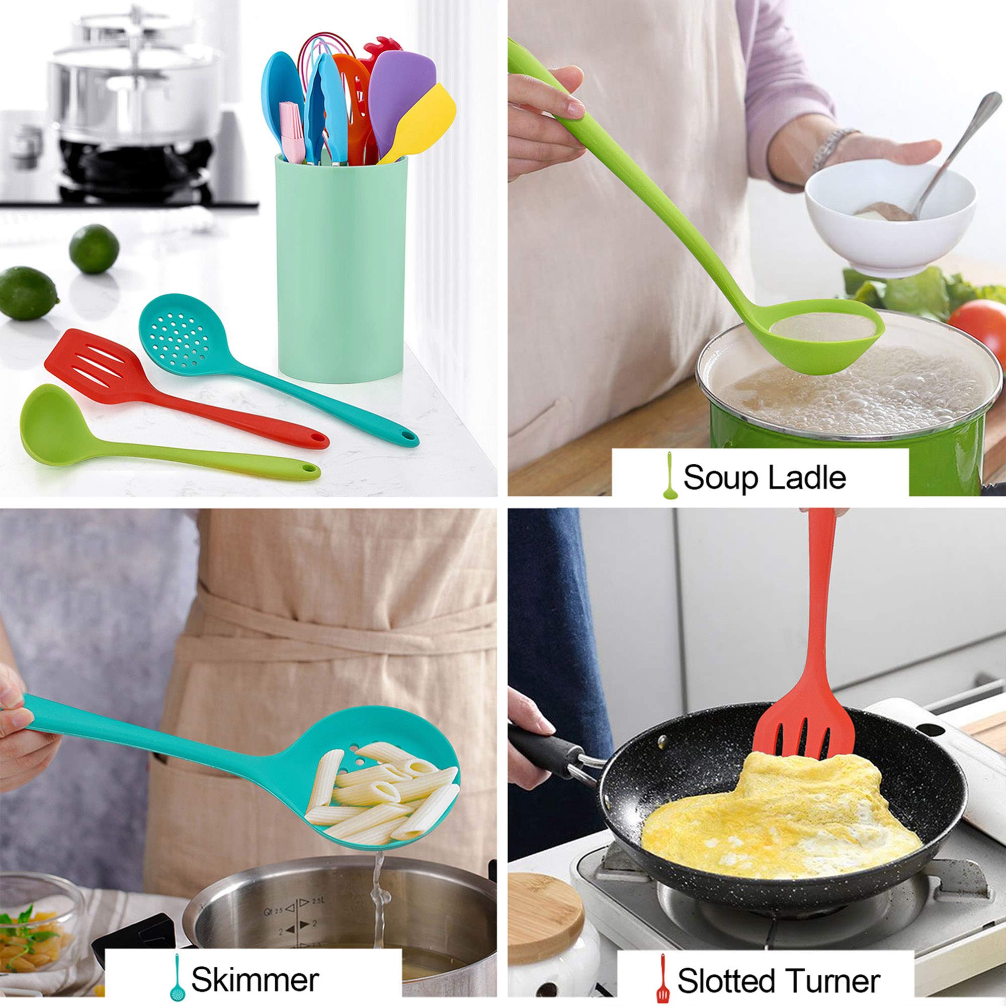 Lianyu 12-Piece Silicone Kitchen Cooking Utensils With Holder, Kitchen Tools Set Include Slotted Spatula Spoon Turner Ladle Tong