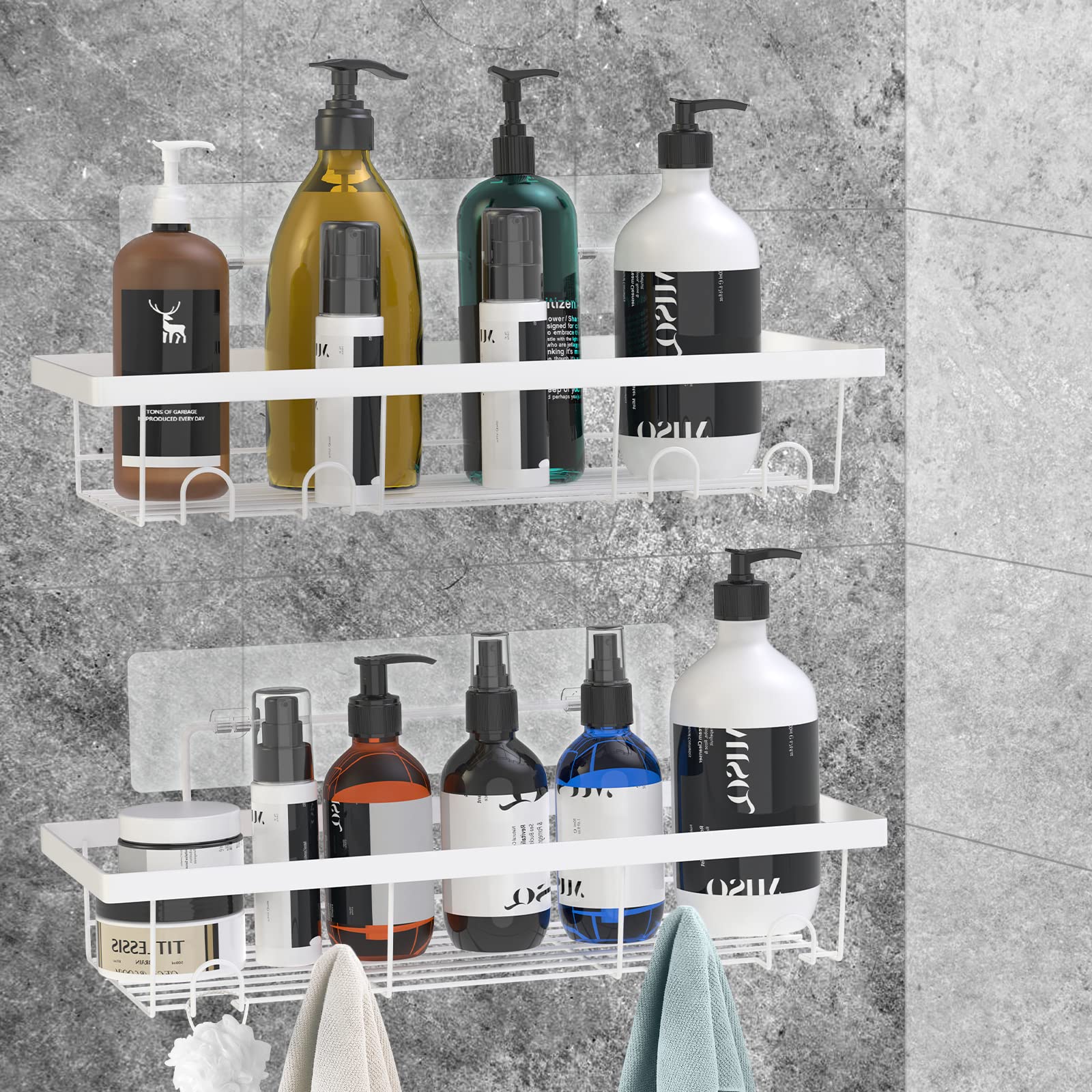 Durmmur 2 Pack Adhesive White Shower Caddy Organizer With Hooks, Rustproof No Drilling Wall Mounted Storage Shelf Rack For Insid