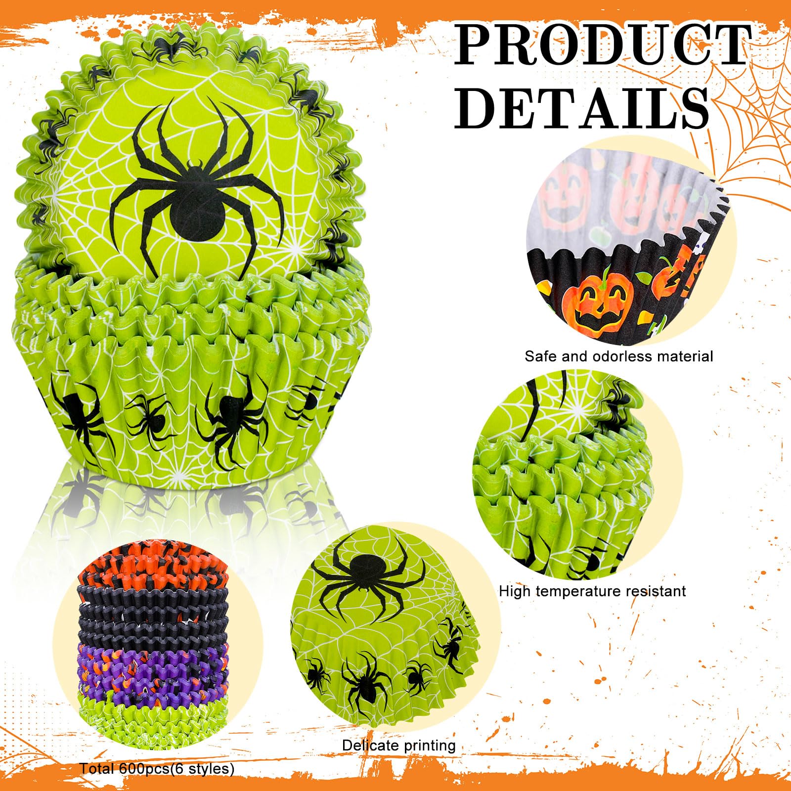 Whaline 600Pcs Halloween Cupcake Liners Pumpkin Witch Legs Bats Ghosts Spiders Skulls Cupcake Wrappers Baking Cups Holders Muffi