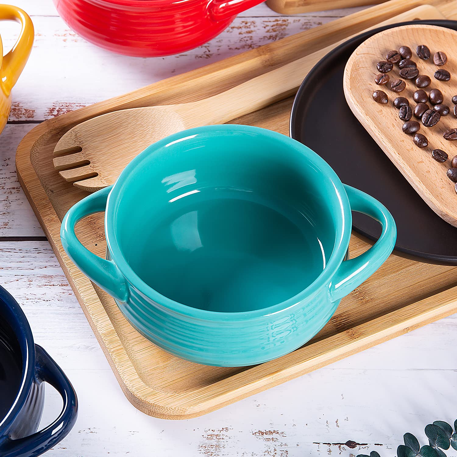 Cutiset 20 Ounce Multicolor Ceramic Soup Bowls With Handles,Ceramic Serving Bowl Set For Soup, Cereal And Stew, Set Of 4