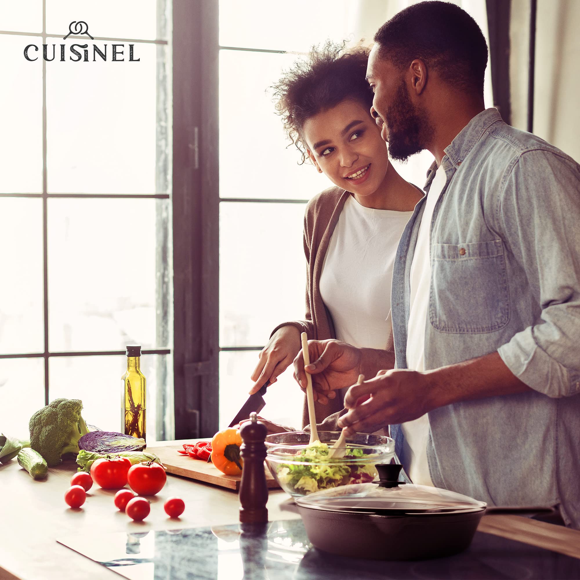 Cuisinel Cast Iron Skillet with Lid - 12''-Inch Frying Pan + Glass Lid + Heat-Resistant Handle Cover - Pre-Seasoned Oven Safe Cookware - Indoor/Outdoor Use - Grill  BBQ  Fire  Stovetop  Induction Safe