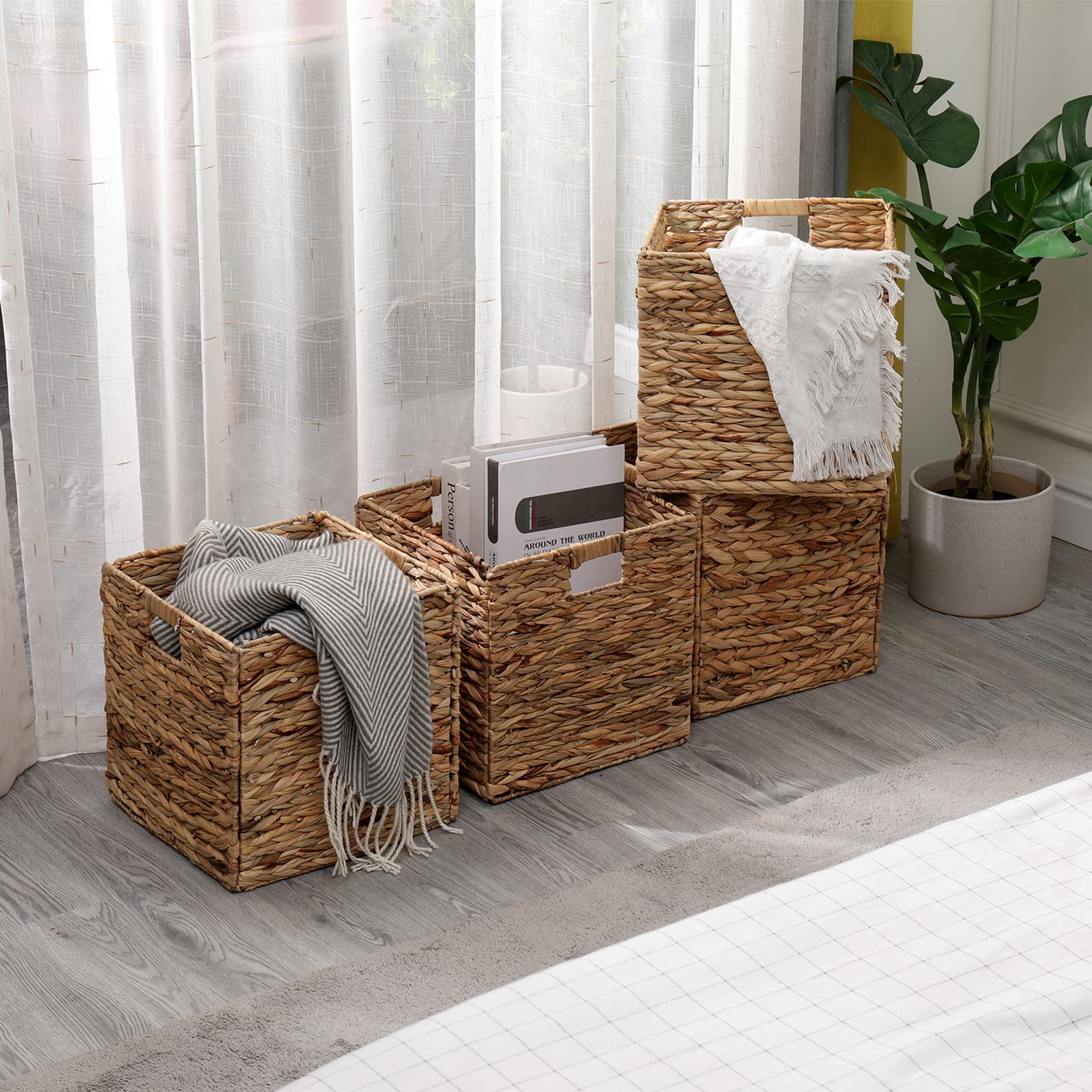 Jcld&Yo9 Foldable Handwoven Water Hyacinth Storage Baskets Wicker Cube Baskets Rectangular Laundry Organizer Totes,Set Of 4 Pcs,