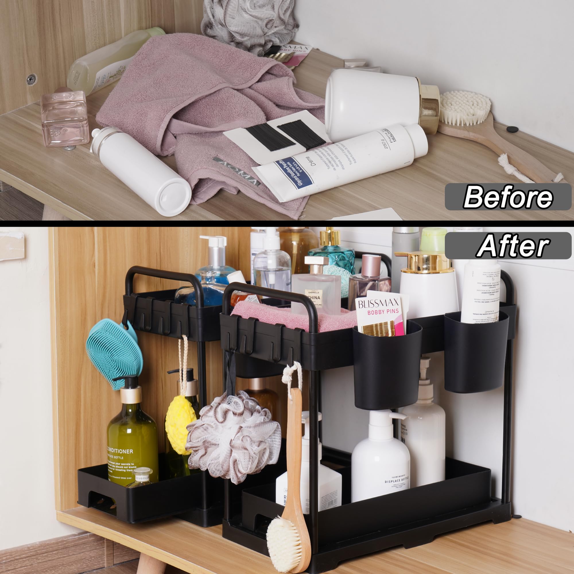 2 Pack Under Kitchen Sink Organizers Storage, 2-Tier Sliding Under Bathroom Cabinet Storage Drawer Organizer With Hooks, Hanging