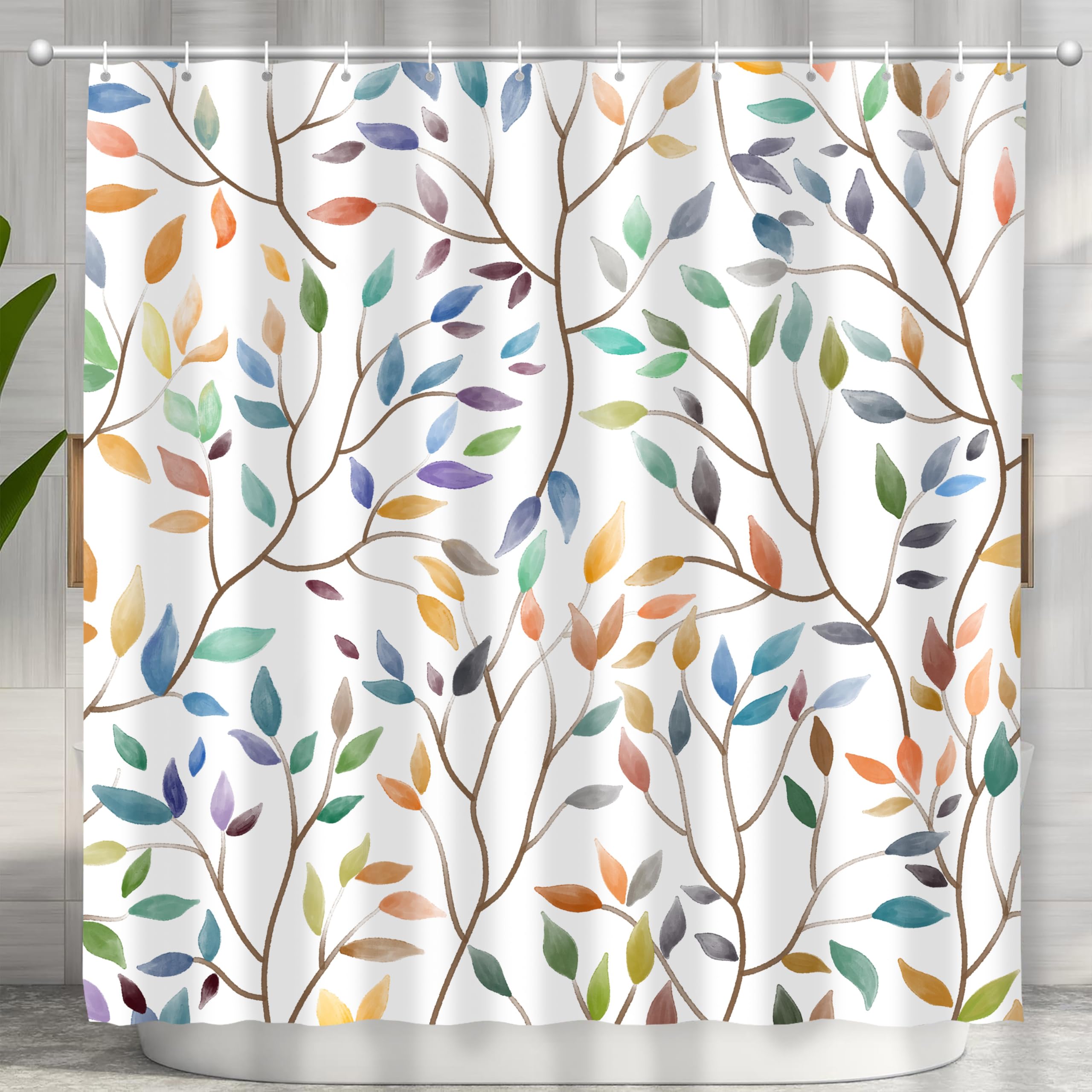 Jwxcbim Boho Leaf Floral Shower Curtain, Spring Summer Modern Colorful Botanical Leaves Bohemian Fabric Shower Curtain Set With