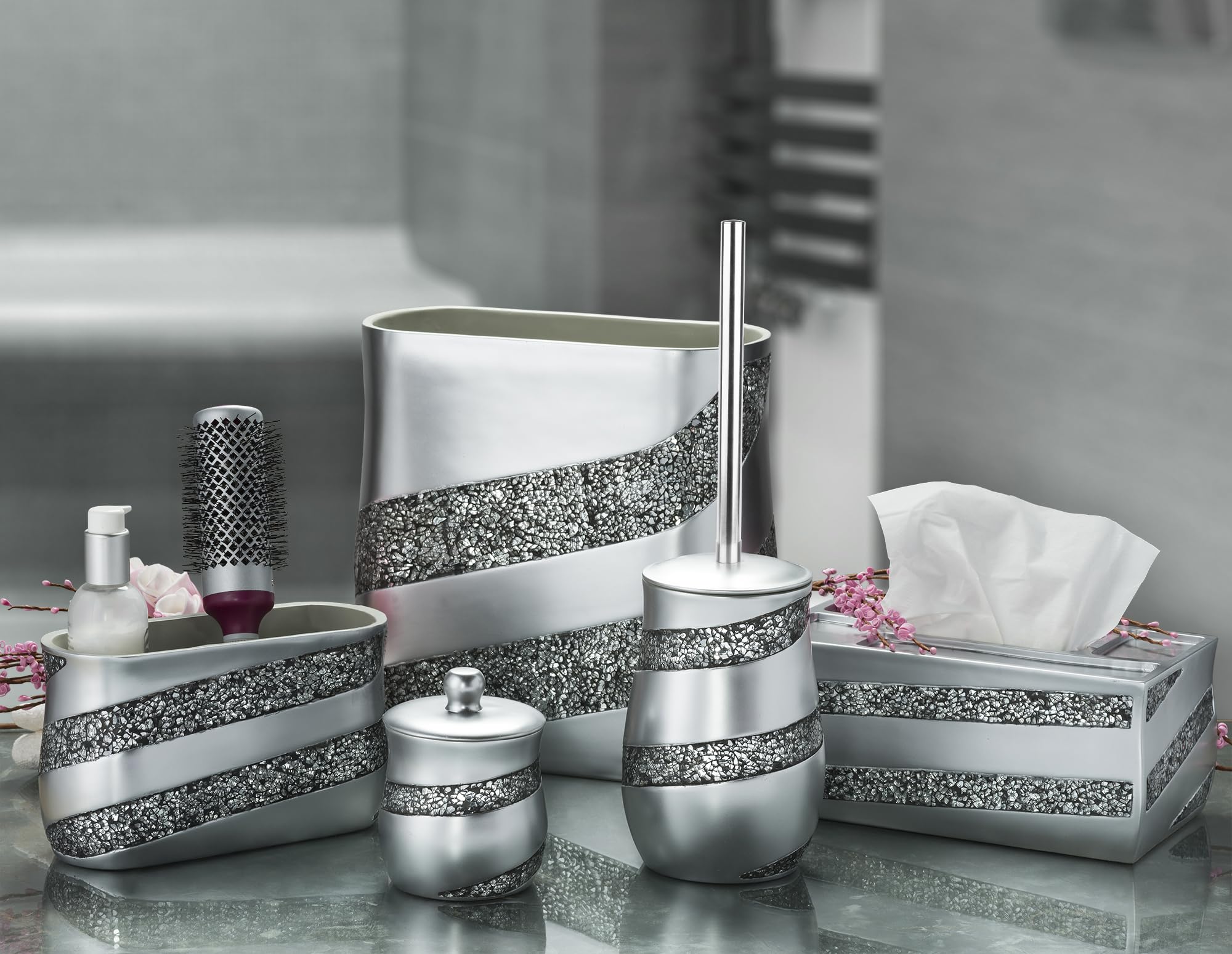 Creative Scents Silver Mosaic Toilet Brush And Holder Set - Toilet Bowl Brush And Holder, Sturdy Toilet Cleaner Brush With Stain