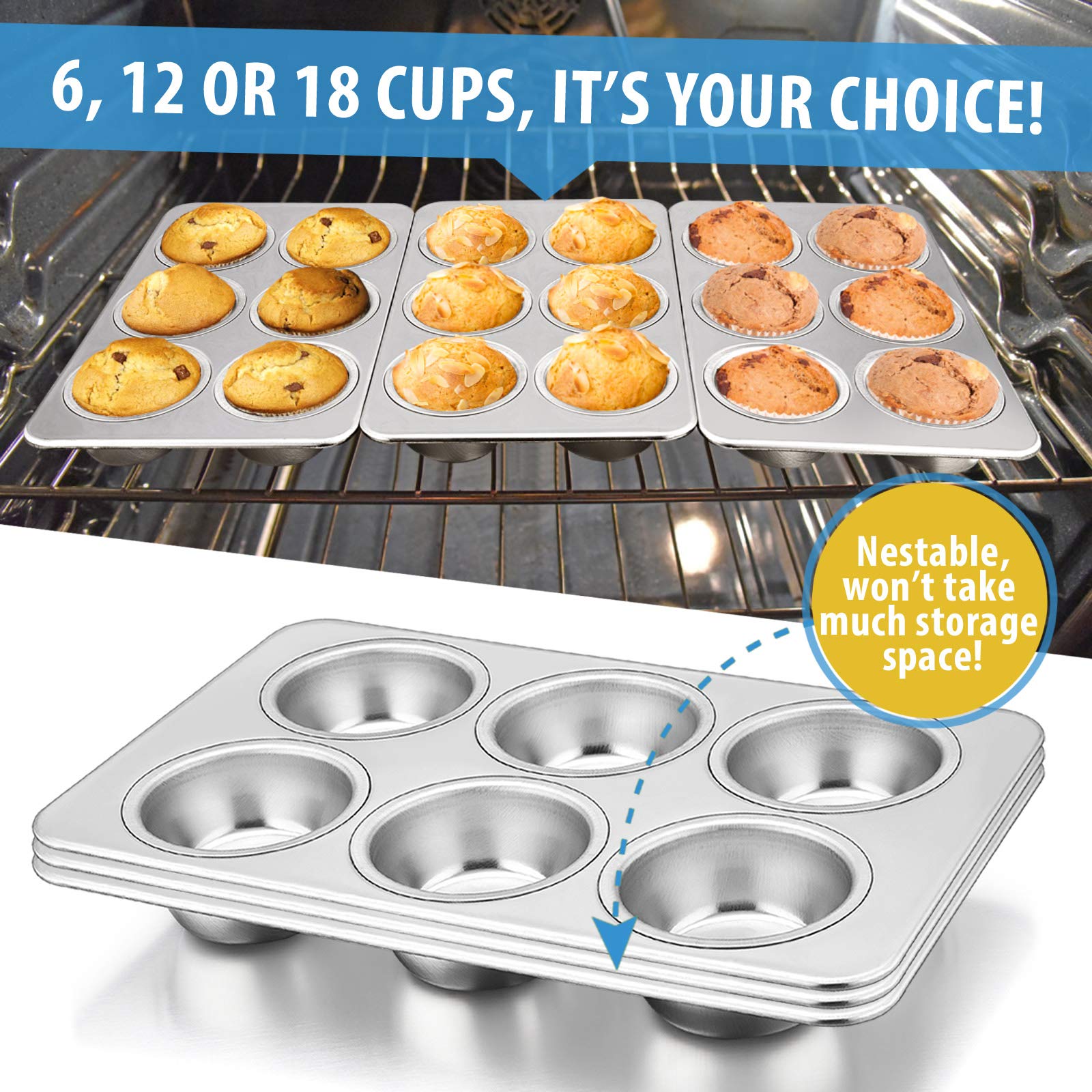 E-far Stainless Steel Muffin Pan Set of 3, 6-Cup Non-toxic Baking Tray, 11.44 x 7.12 x 1.25 inch, Oven & Dishwasher