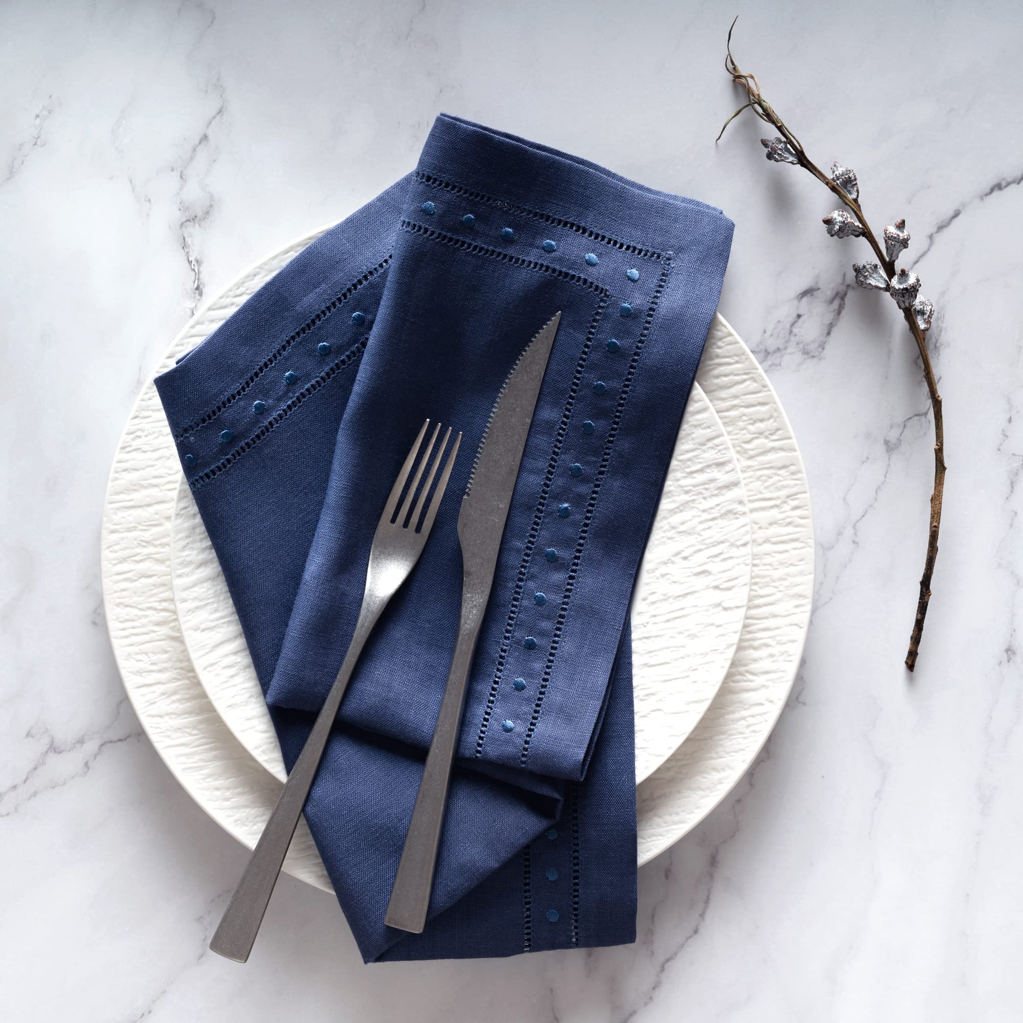 Linen Napkins Set Of 4-100% Pure Linen Navy Blue Dinner Napkins With Embroidered Dot 18 X 18 Inch - Hemstitch Cloth Napkins Wash