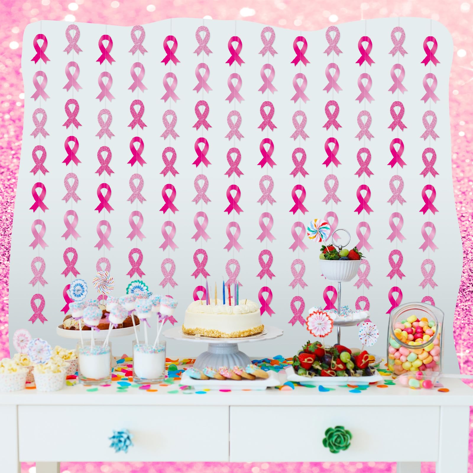 VitalCozy 24 Packs Breast Cancer Awareness Hanging Decorations Breast Cancer Party Decorations Pink Ribbon Garland for Faith Cou