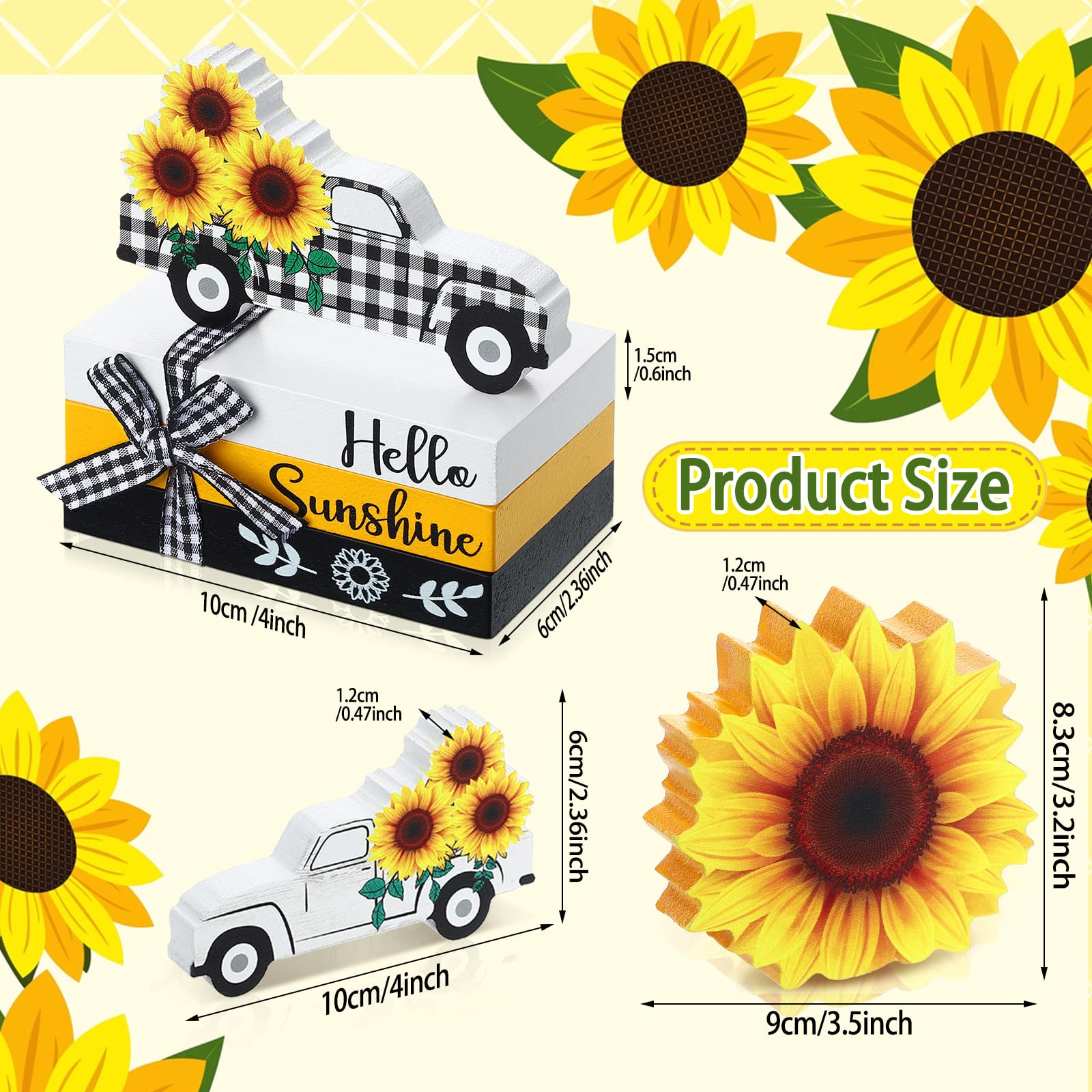 Yalikop 5 Pcs Sunflower Table Decorations Summer Tiered Tray Decor Mini Wooden Decorative Books Stack with Twine with Wood Truck