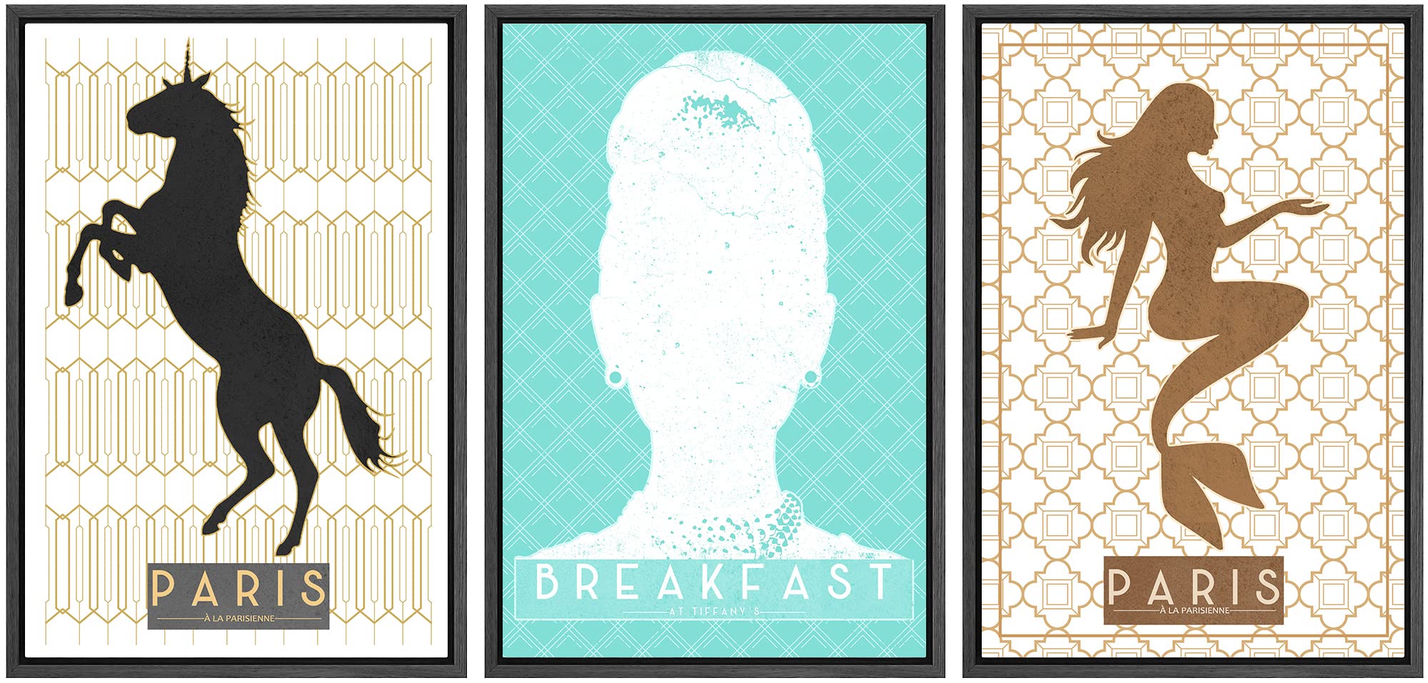 Signwin Framed Canvas Print Wall Art Set Paris Unicorn, Mermaid, Woman Pattern Nature Animals Illustrations Modern Art Rustic Gr