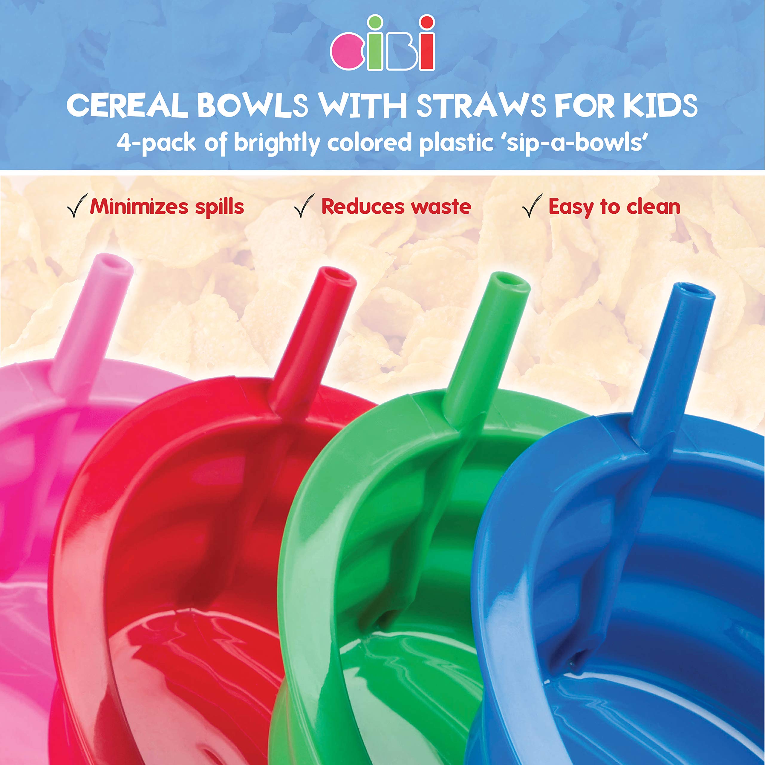 Cibi Kitchens Set Of 4 Cereal Bowls With Straws | Bpa-Free 22 Ounce Sip-A-Bowl | Microwaveable And Dishwasher Safe Toddler Bowl