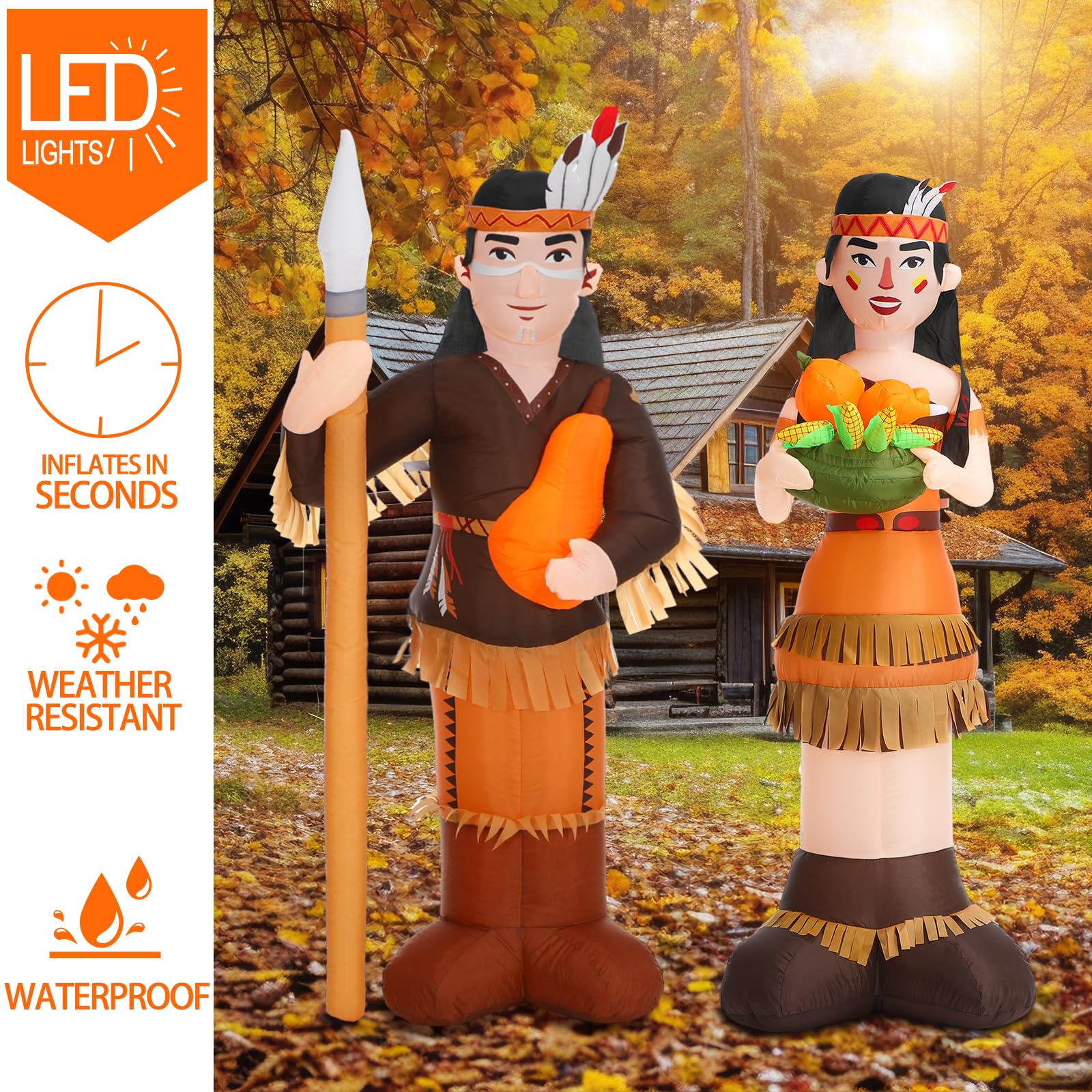 Leyndo 6ft Thanksgiving Harvest Native American Inflatable Outdoor Decorations Indian Man & Woman Combo Blow up Decoration with