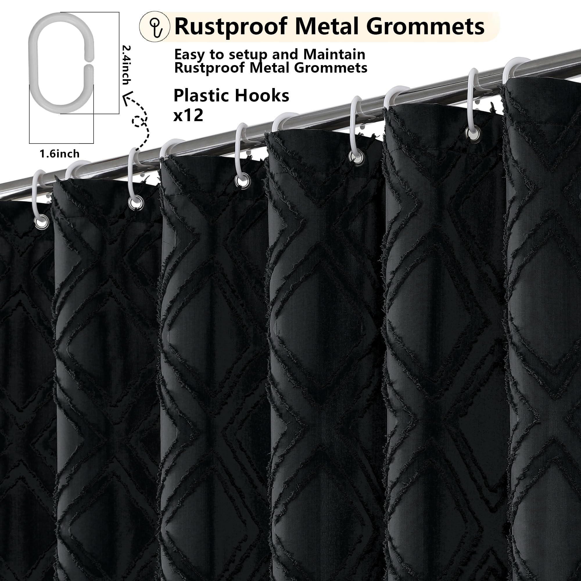 Owenie Solid Black Fabric Shower Curtain For Bathroom, Farmhouse Boho Shower Curtain- Soft Cloth & Hotel Spa Quality, Machine Wa