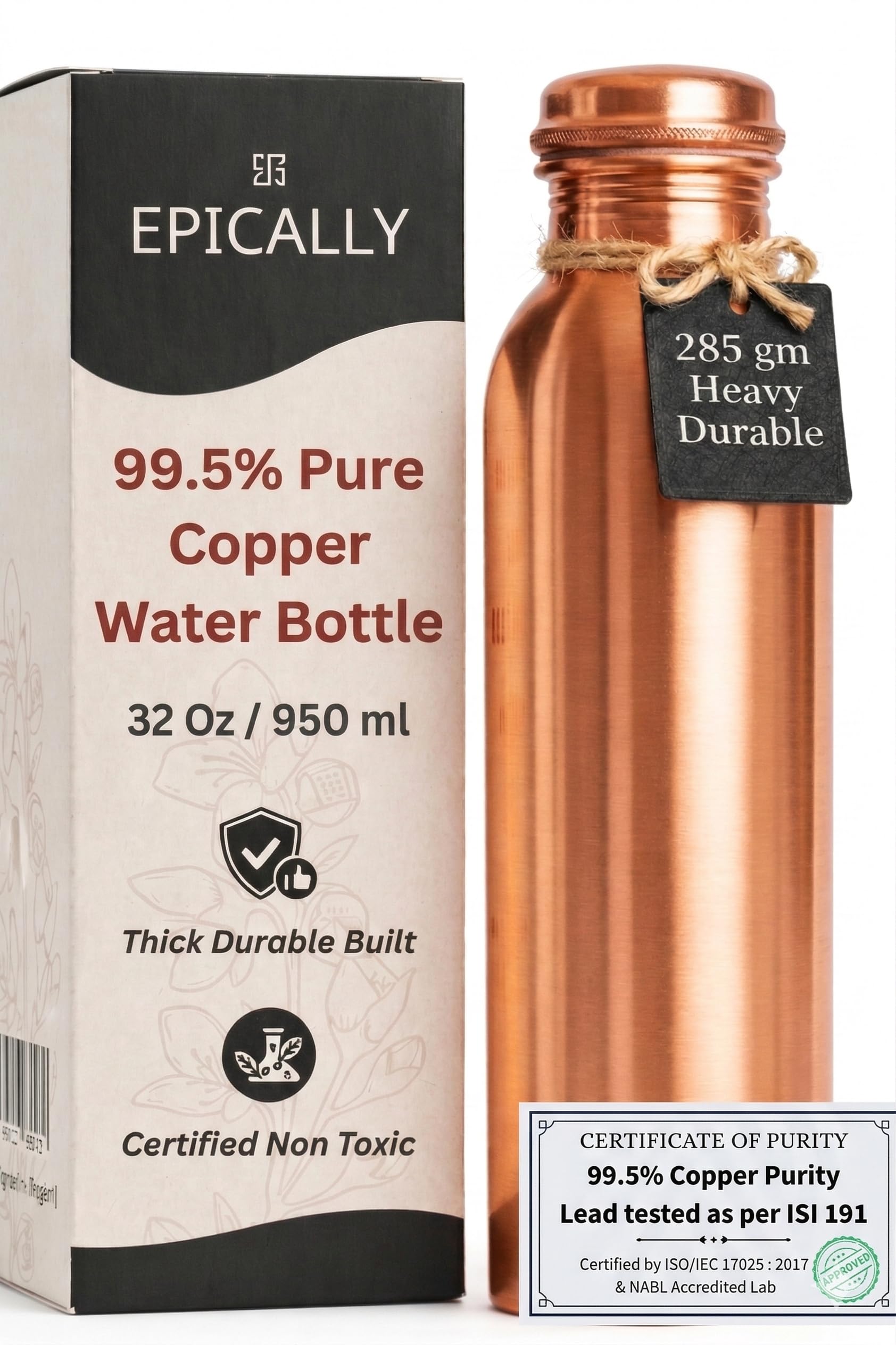 99.5% Pure Copper Water Bottle (32 Oz) | Lead Tested, BPA-Free, 2 Extra Silicone Gaskets, Thick Dent Resistant, Leak-Proof | Ayu