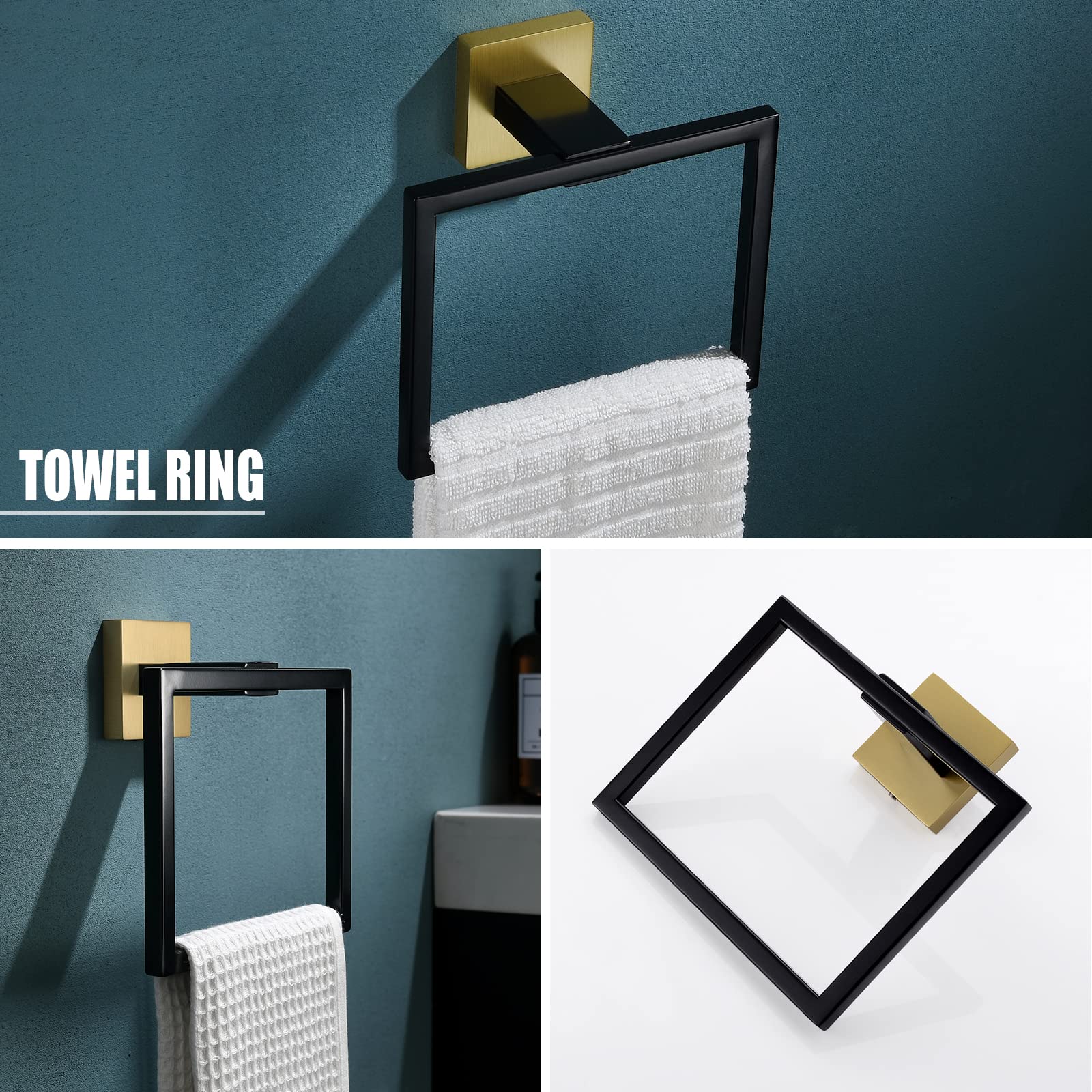 Yacvcl 5 Pieces Bathroom Hardware Set, Black And Gold Towel Bar Set, 23.6 Inch Towel Bar Hand Towel Holder Wall Mounted Stainles