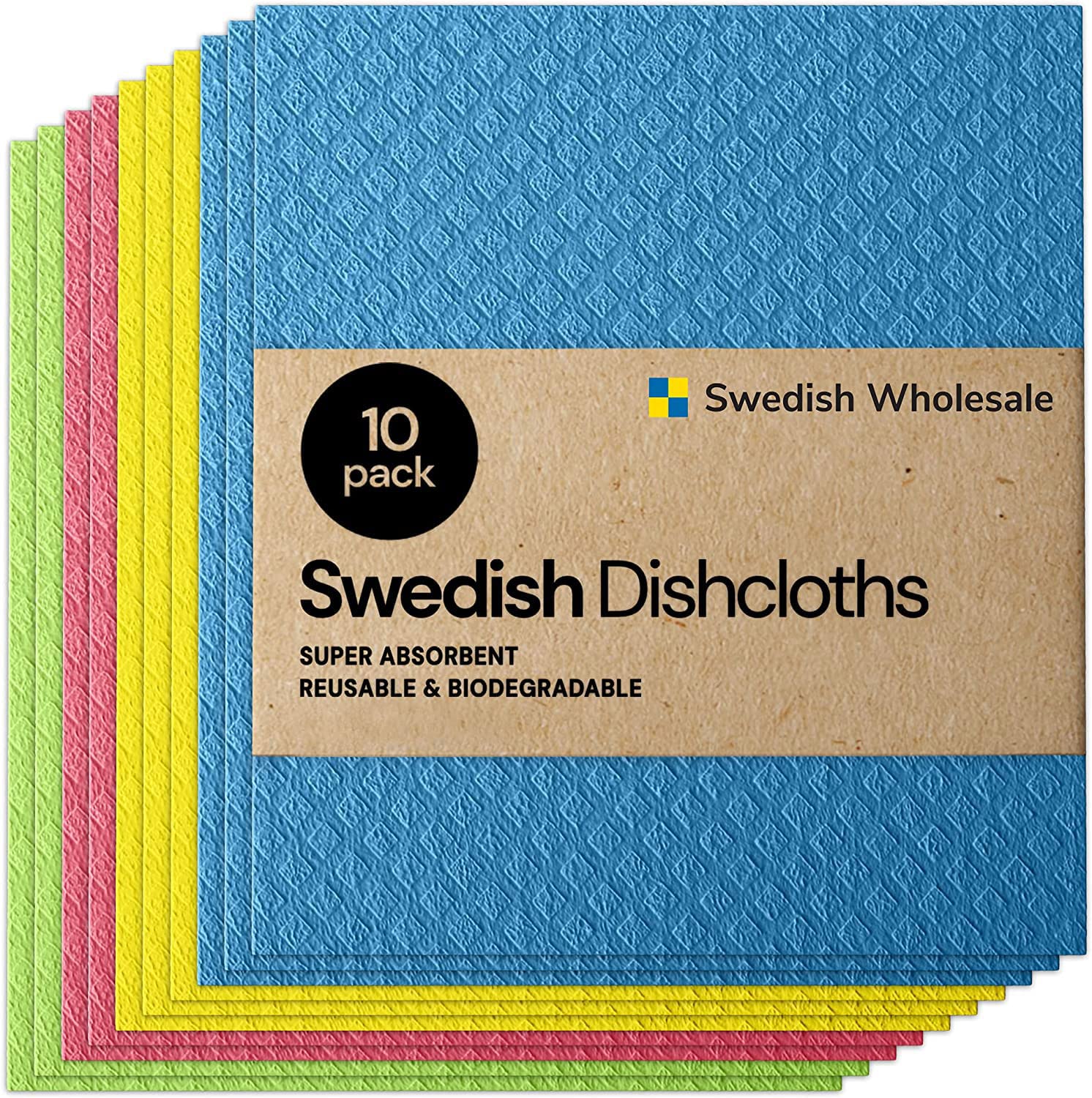 Swedish Dishcloth Cellulose Sponge Cloths - Bulk 10 Pack Of Eco-Friendly No Odor Reusable Cleaning Cloths For Kitchen - Absorben