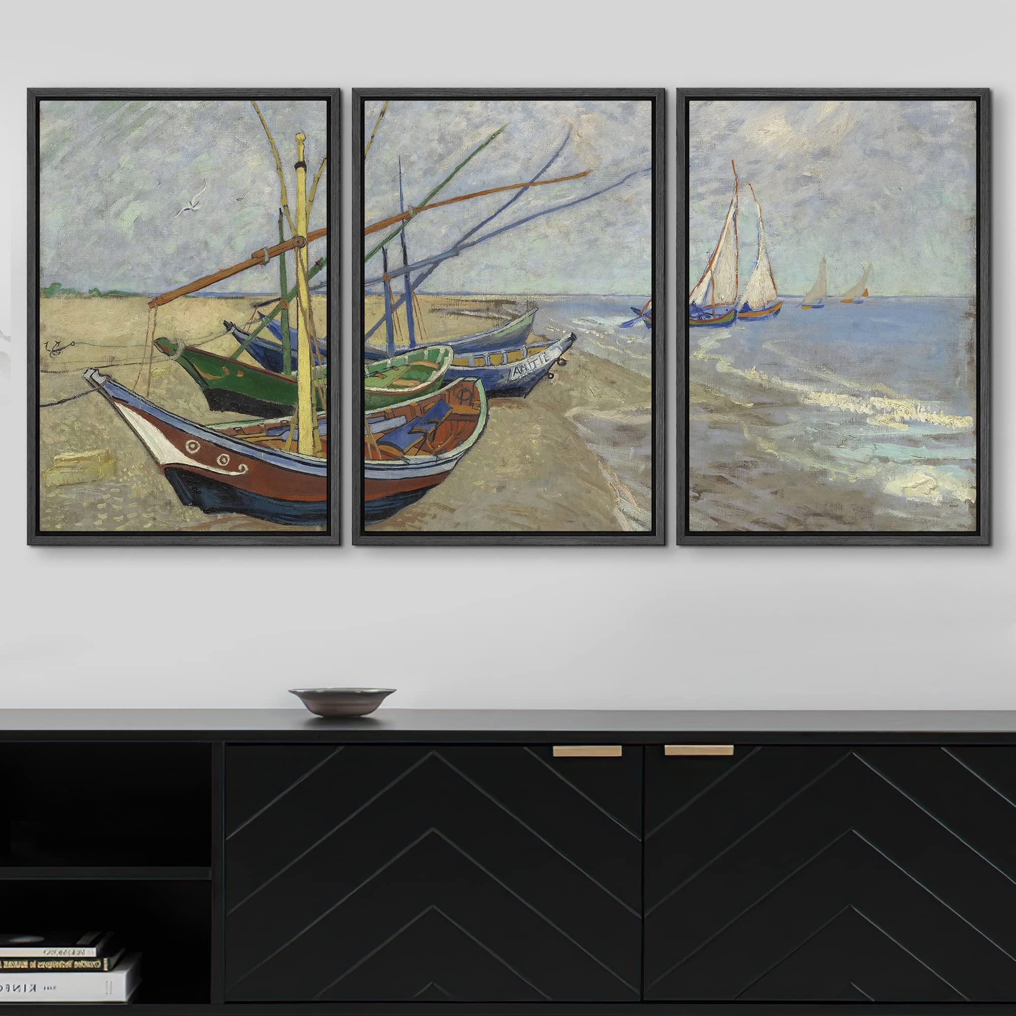 Wall26 Framed Canvas Print Wall Art Set Fishing Boats On The Beach Vincent Van Gogh Classical Illustrations Fine Art Decorative