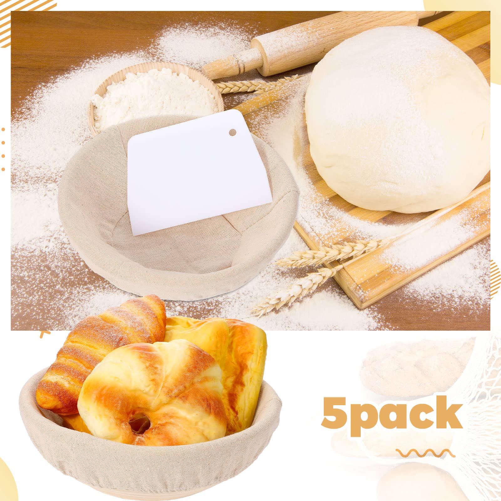 Nuogo Set Of 5 Banneton Bread Proofing Basket 8.5 Inch Round Sourdough Proofing Basket Banneton Basket Dough Proofing Bowl With