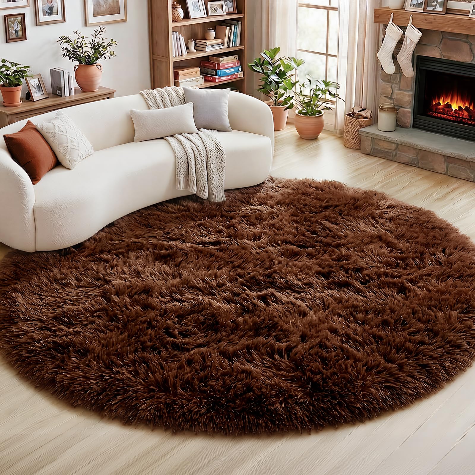 Amdrebio Dark Brown Rug 4Ft for Bedroom, Round Fluffy Shag Plush Area Rugs for Kids Room, Living Room Decor Aesthetic, Fuzzy Fur