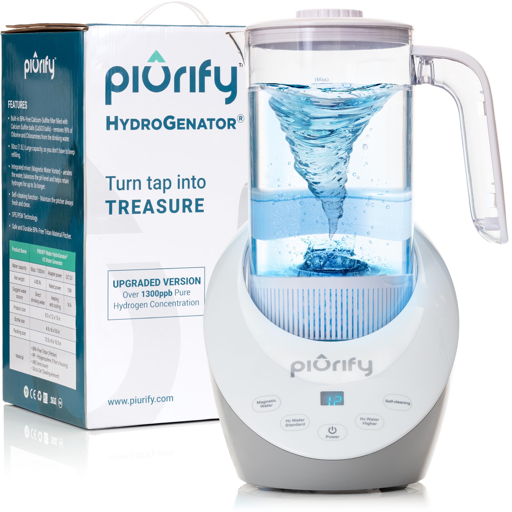 Piurify Hydrogen Water Pitcher - Rich Hydrogen Water Generator Electrolysis Jug Bpa Free With Spe And Pem Concentrator Technolog