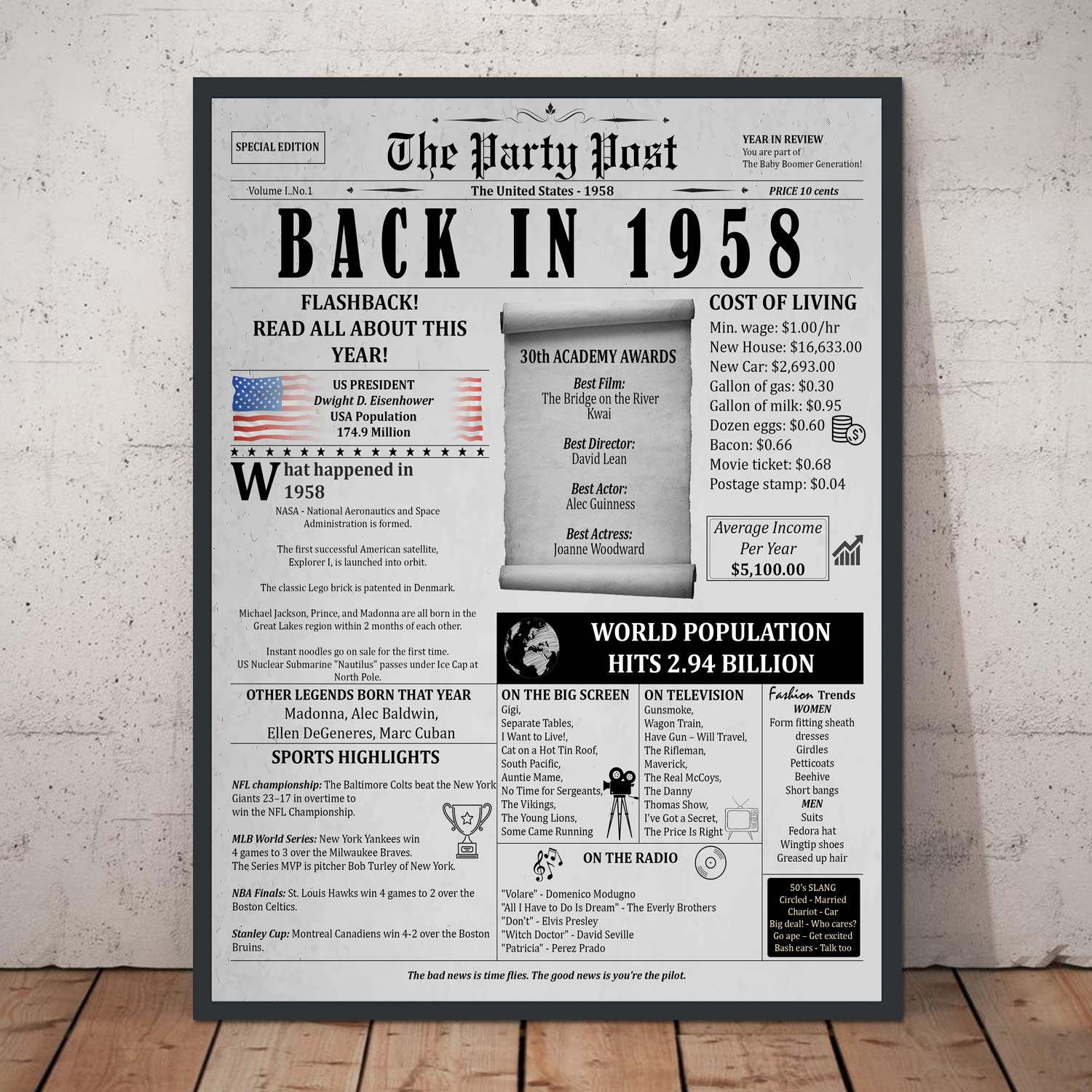 67Th Birthday Poster 8 X 10 Party Sign - Born 67 Years Ago Table Party Supplies. Back In 1958 Home Decor Bday Card. Wedding Anni