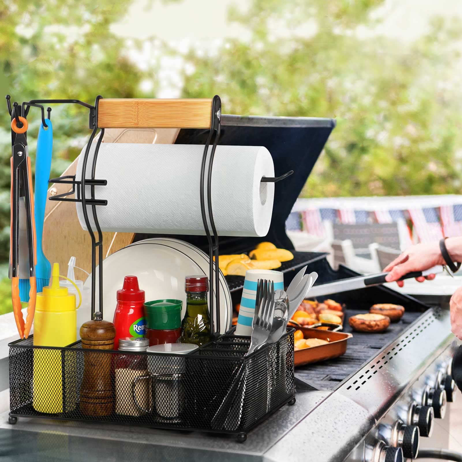 Fangsun Grill Caddy, Bbq Caddy With Paper Towel Holder, Picnic Condiment Utensil Caddy For Outdoor Camping, Barbecue Accessories