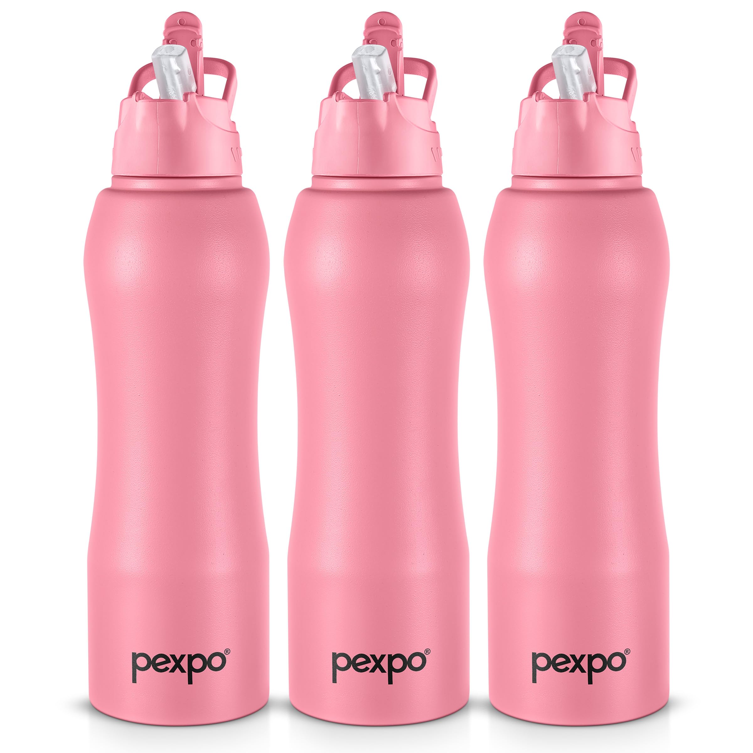 Pexpo Belly Isi Certified Stainless Steel Water Bottle 1 Ltr (Pack Of 3), With Straw Lid Sipper Cap | Single Wall Fridge Bottle 