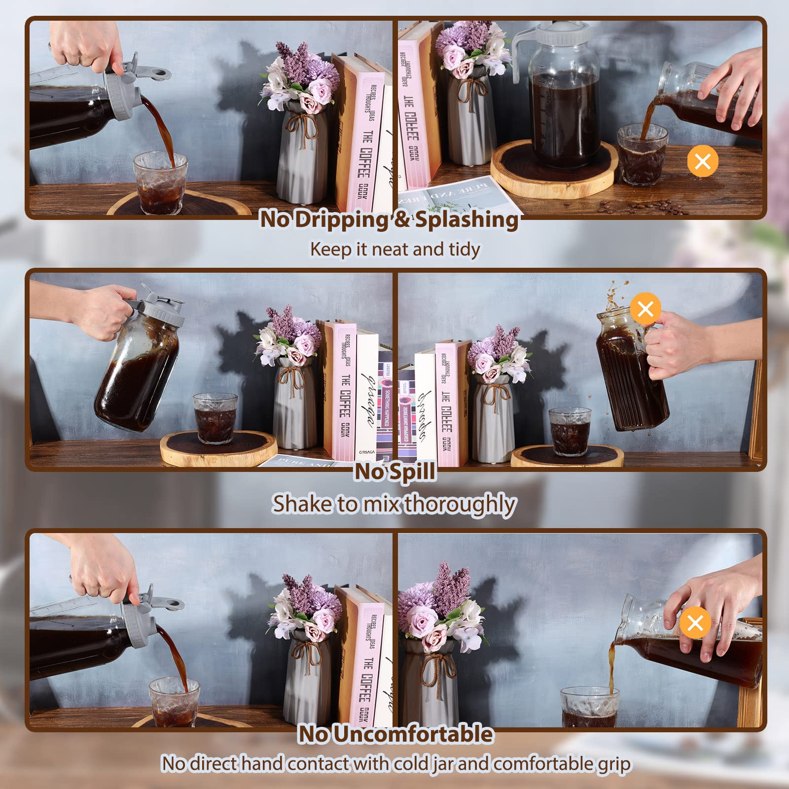 Cold Brew Coffee Maker Glass Pitcher, 32 Oz Mason Jar With Pour Spout Handle Lid With Stainless Steel Filter For Iced Coffee, Le
