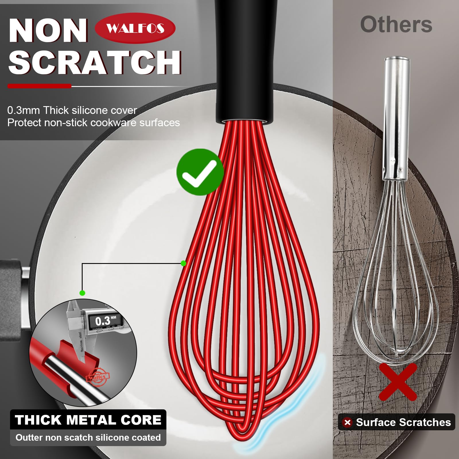 Walfos Whisk, Silicone Whisk Heat Resistant (480F) Kitchen Whisks Set Of 4- Professional Whisks For Cooking Non Scratch, Balloon