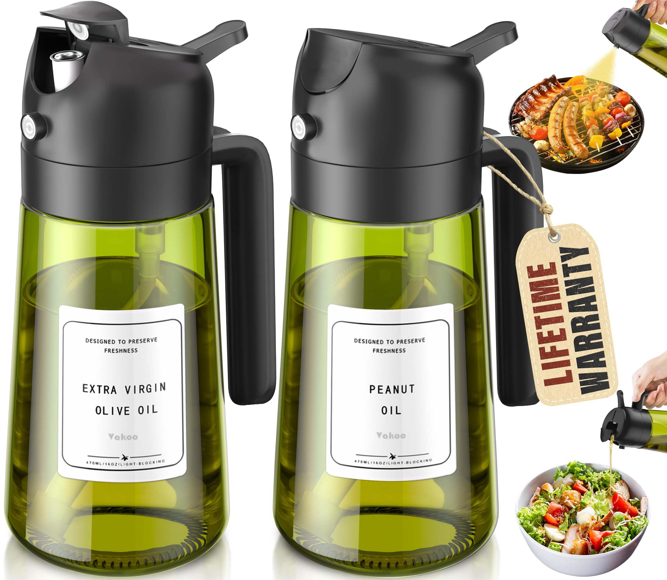Vakoo Oil Sprayer for Cooking, 2 in 1 Oil Dispenser for Kitchen, 16oz/470ml Light-Blocking Dark Glass Olive Oil Spray Bottle, Ai