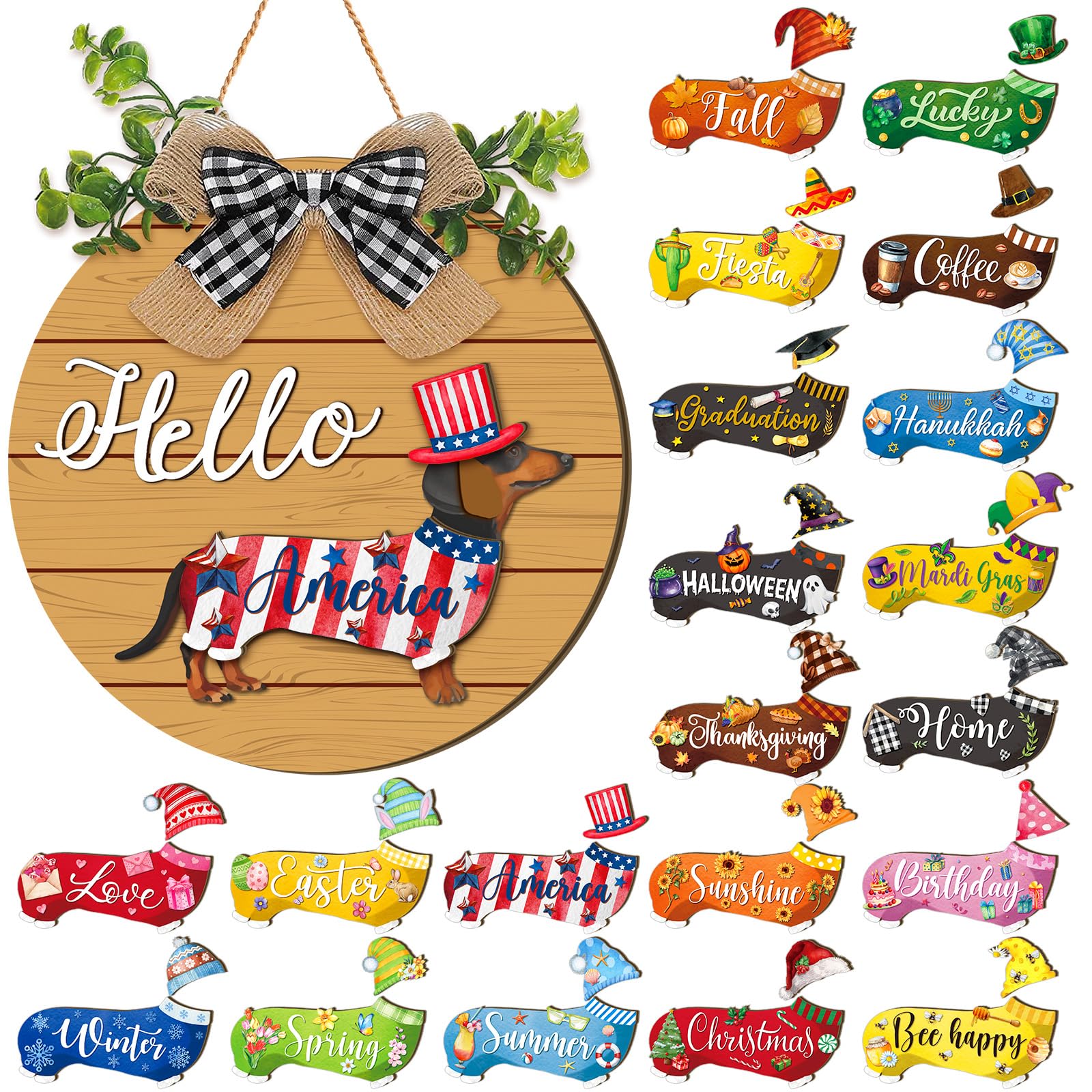 Glenmal 41 Pcs Interchangeable Seasonal Dachshund Welcome Sign Rustic Wiener Dog Front Door Wreaths Detachable Holiday Hanging D